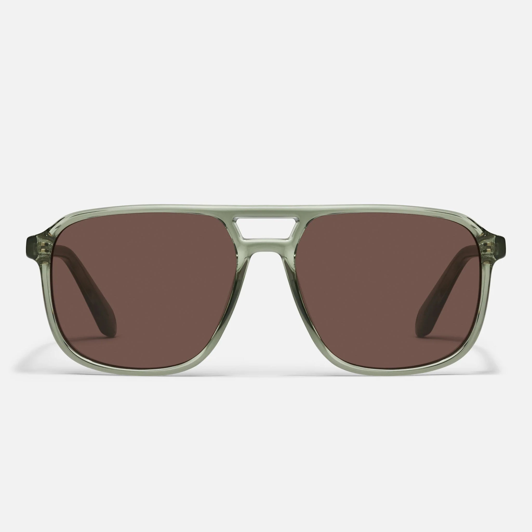 A pair of aviator style sunglasses with a green frame and a brown lens. 