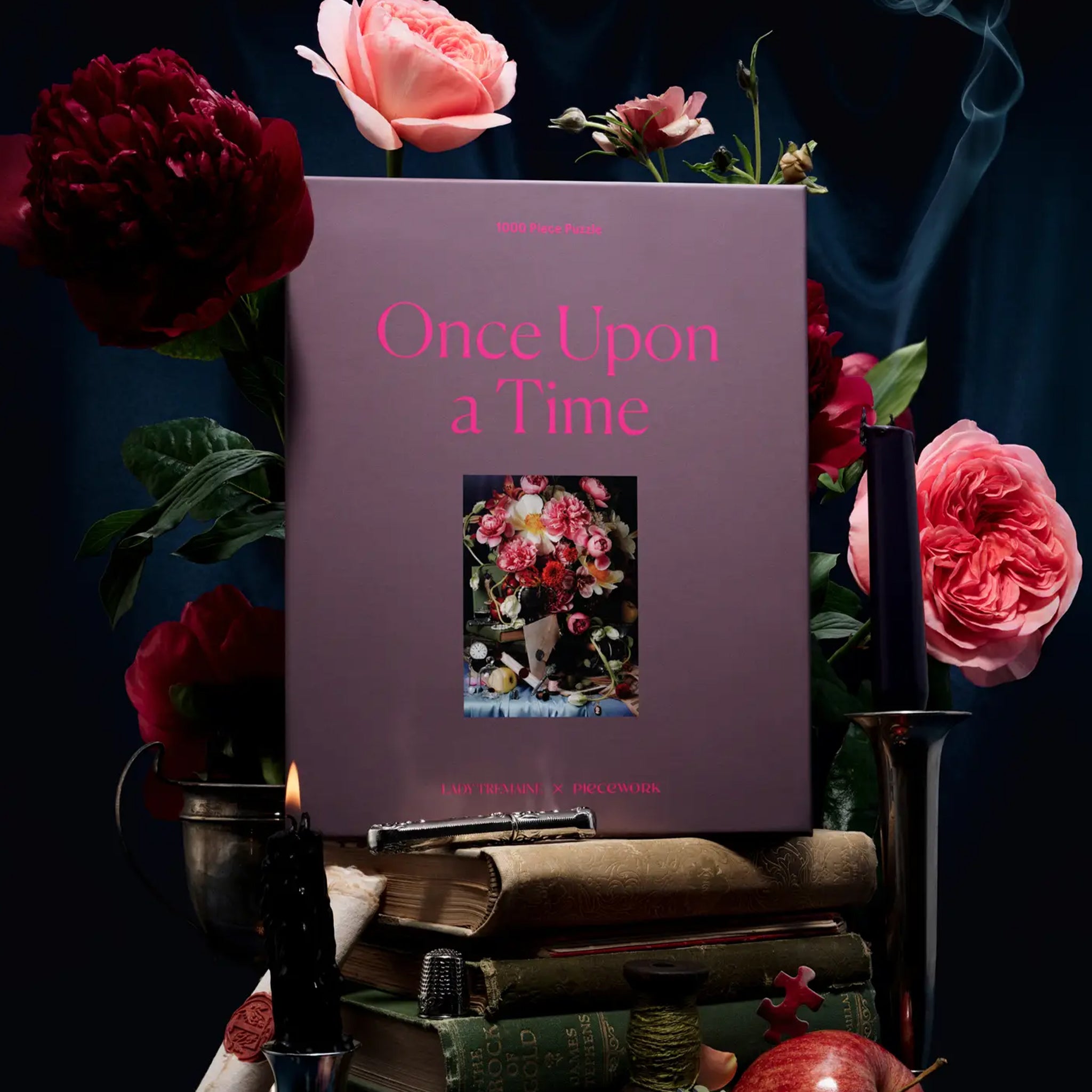 A purple boxed puzzle with a floral image and text that reads, "Once Upon A Time". 