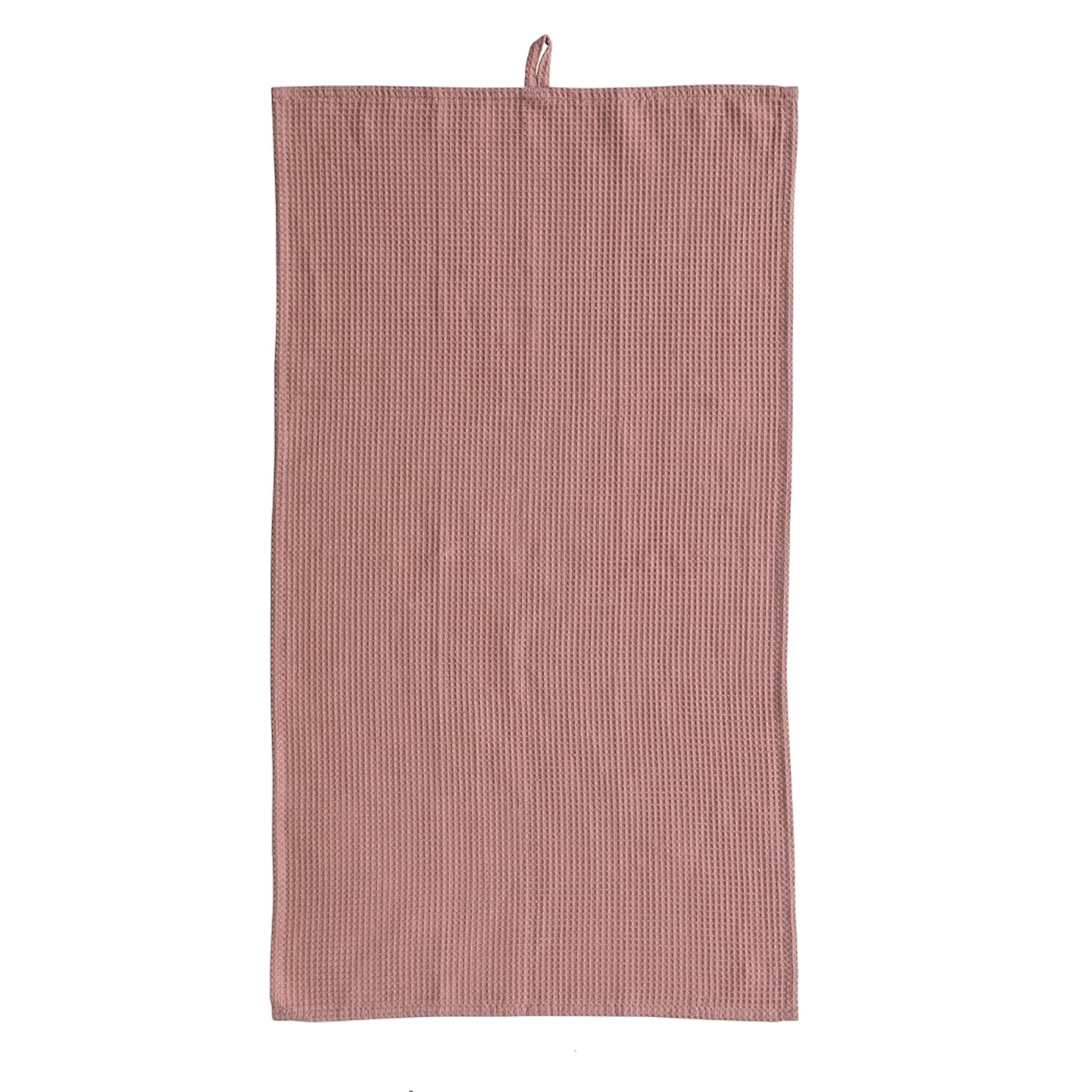 On a white background is a rose colored waffle knit tea towel with a loop at the top for convenient hanging. 