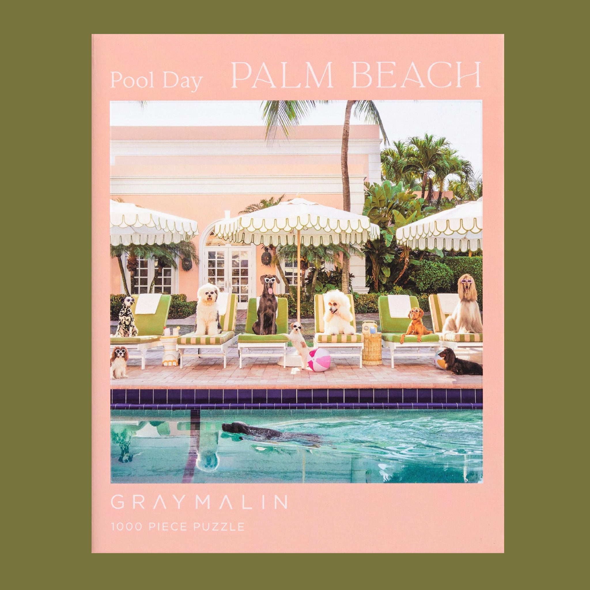A peachy pink boxed puzzle with a photo of poolside image of dogs and text that reads, 'Pool Day Palm Beach'. 