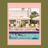 A peachy pink boxed puzzle with a photo of poolside image of dogs and text that reads, 'Pool Day Palm Beach'. 