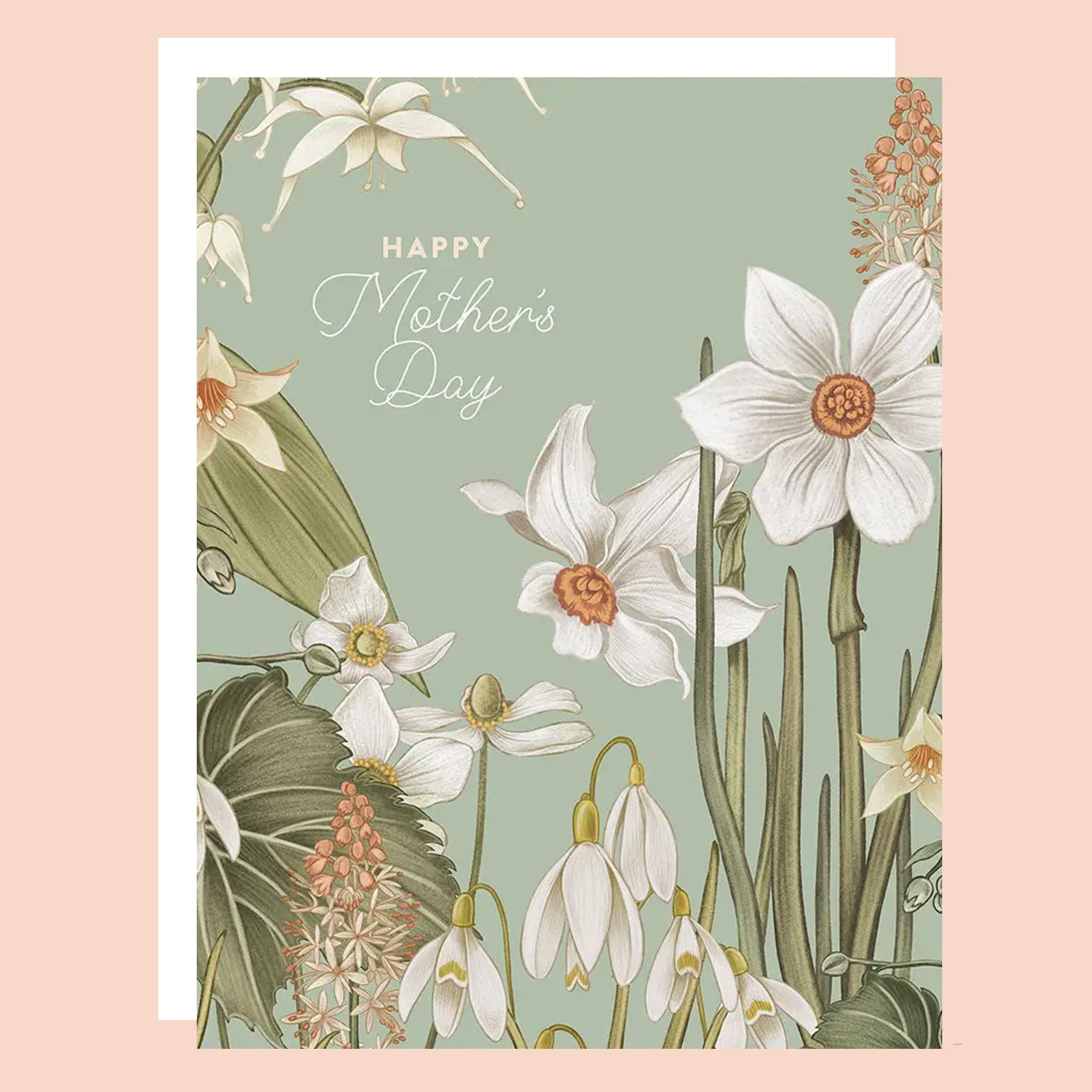 Greeting card with paperwhite flowers. The card reads "Happy Mother's Day".