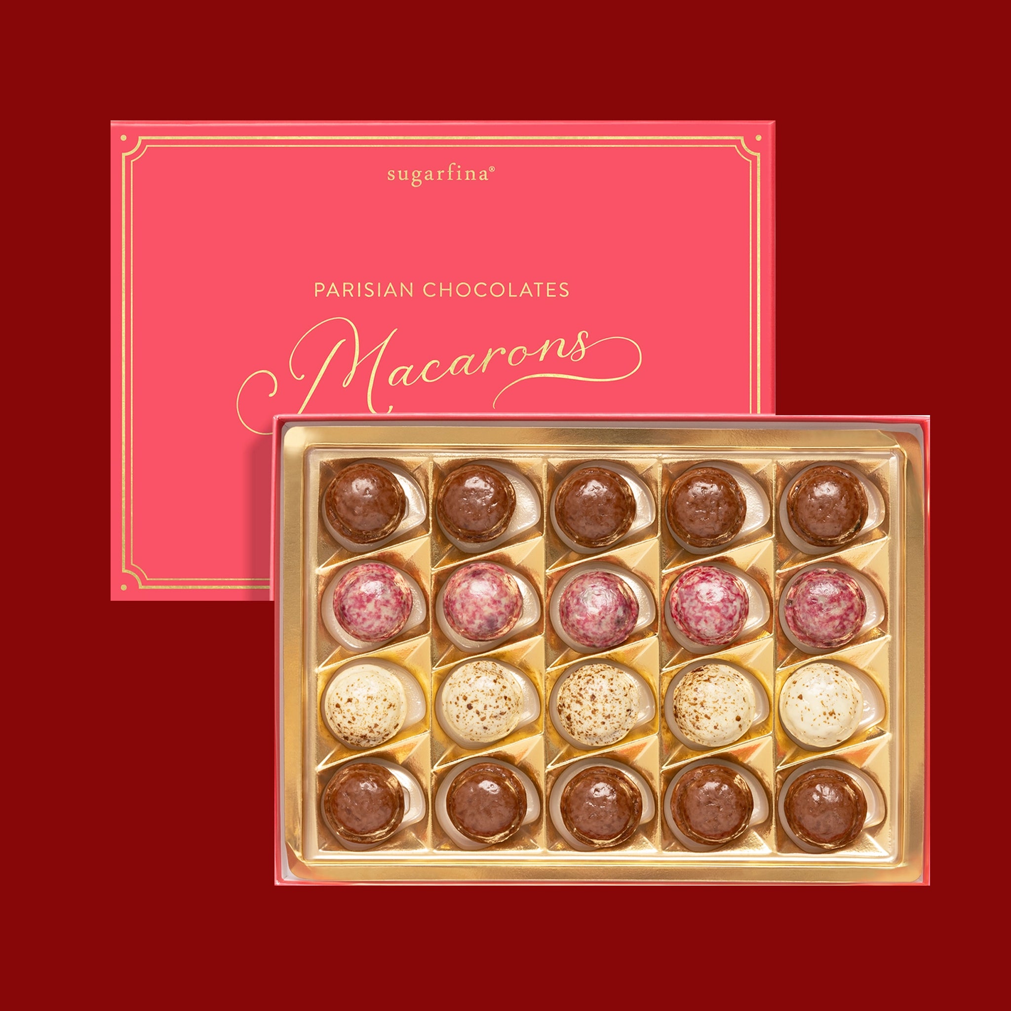 A red box of assorted chocolates with gold text that reads, "sugarfina Parisian Chocolates Macarons". 