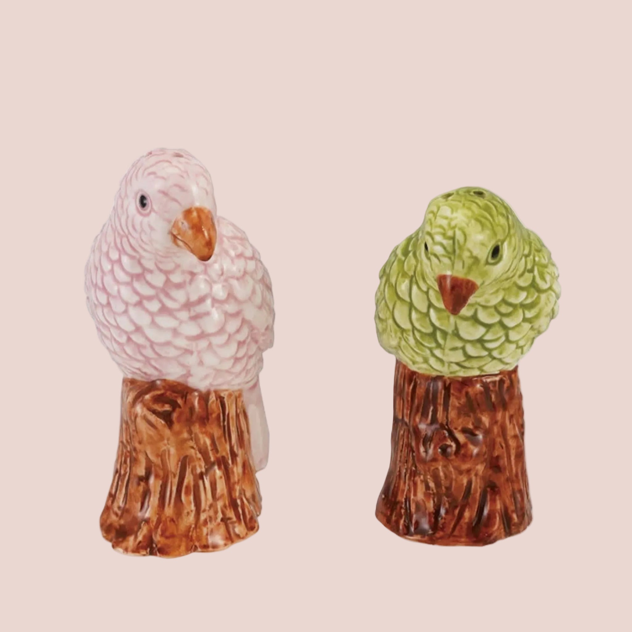 A pair of green and pink parrot shaped salt and pepper shakers