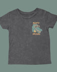 A washed black tee with light orange text that reads, 'Party Animal' on the back and a crocodile graphic on the front. 