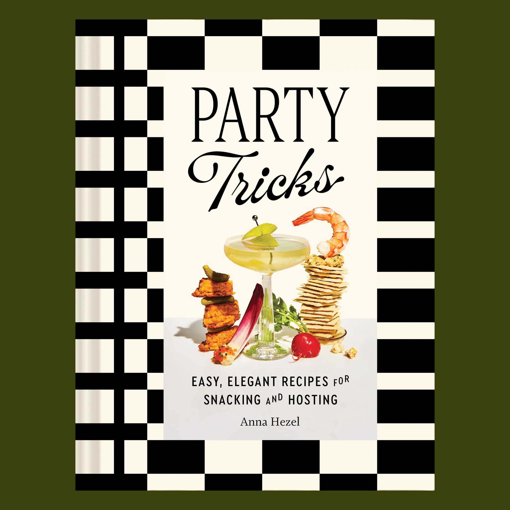 Cookbook cover titled Party Tricks with a central cocktail glass, stacked crackers with shrimp, and small appetizers framed by a black-and-white checkerboard design.