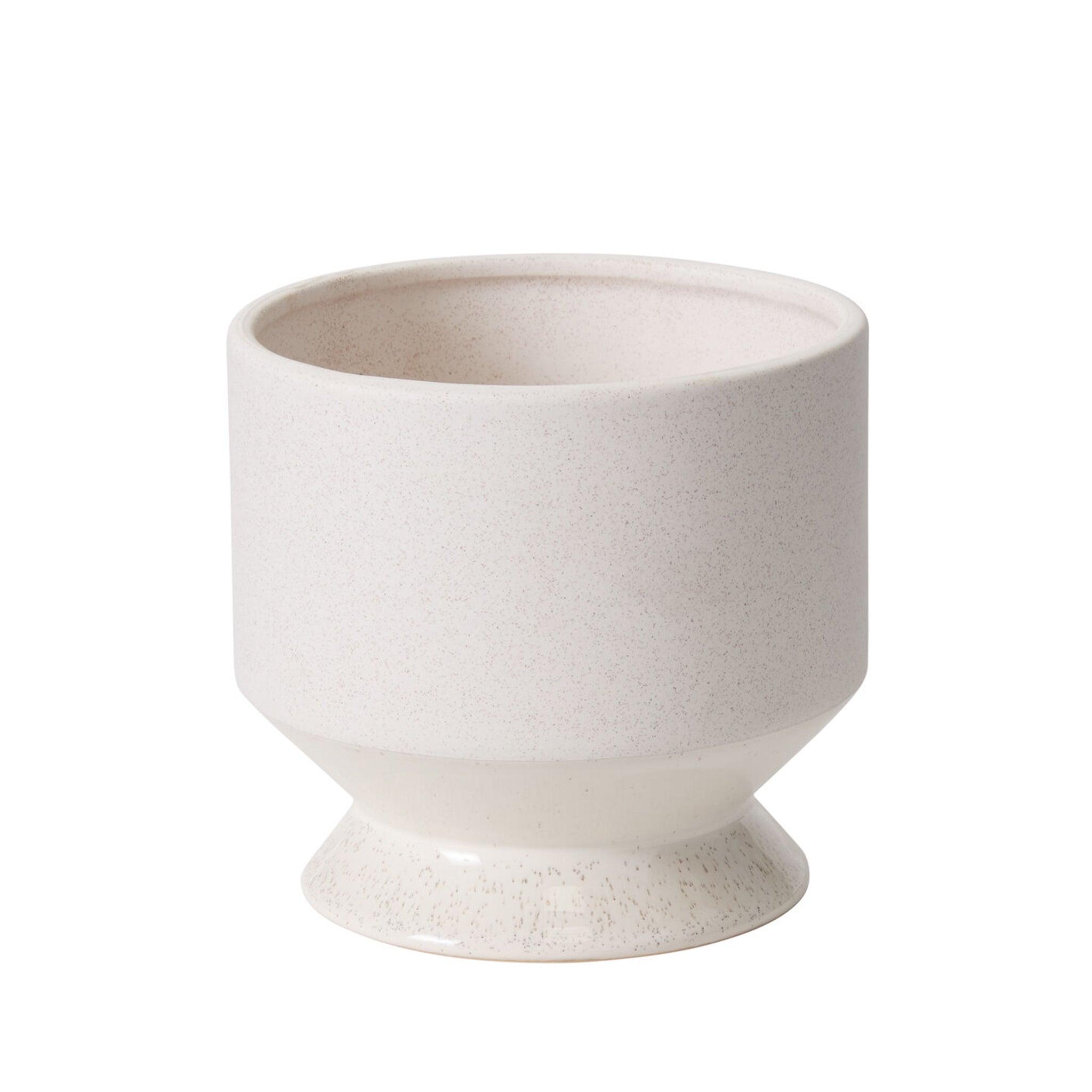 An off white, subtly speckled ceramic pedestal planter. Plant not included. 