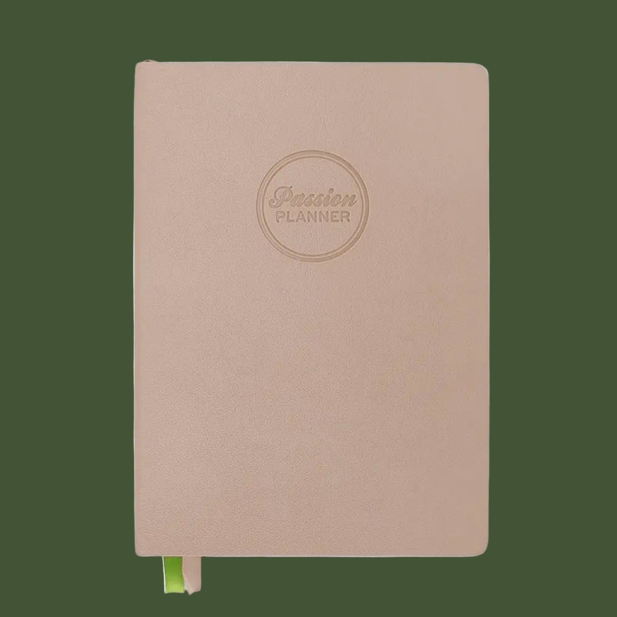 A tan planner with a circle logo in the center that reads, "Passion Planner".
