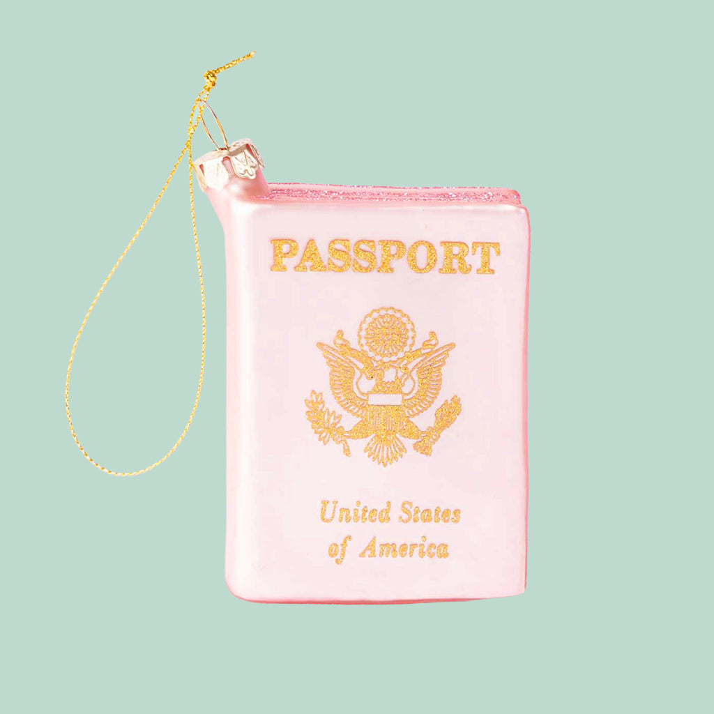 Pink pouch designed to look like a U.S. passport with gold text and design on a light green background