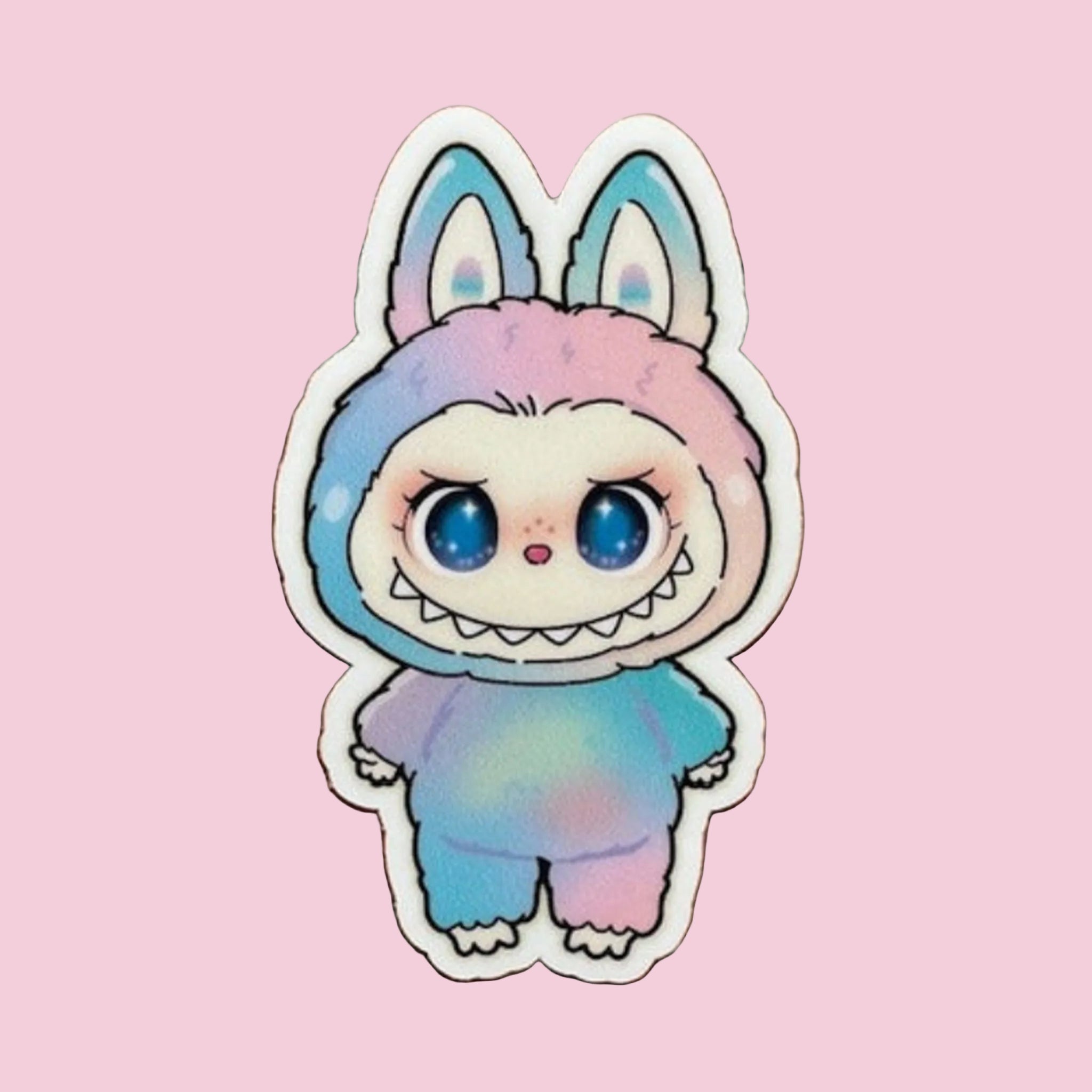 A pastel rainbow Labubu shaped sticker. 