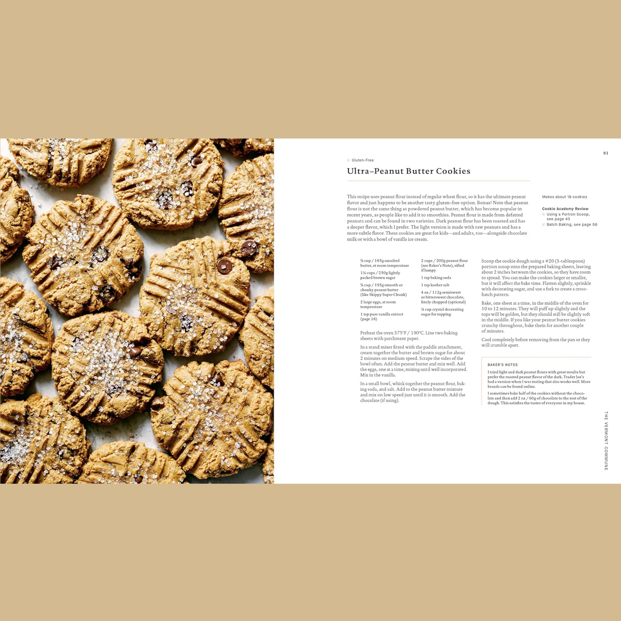 Open cookbook spread showing ultra–peanut butter cookies, with an overhead photo of golden, crisscrossed cookies sprinkled with sugar on the left, and detailed ingredients and instructions on the right.