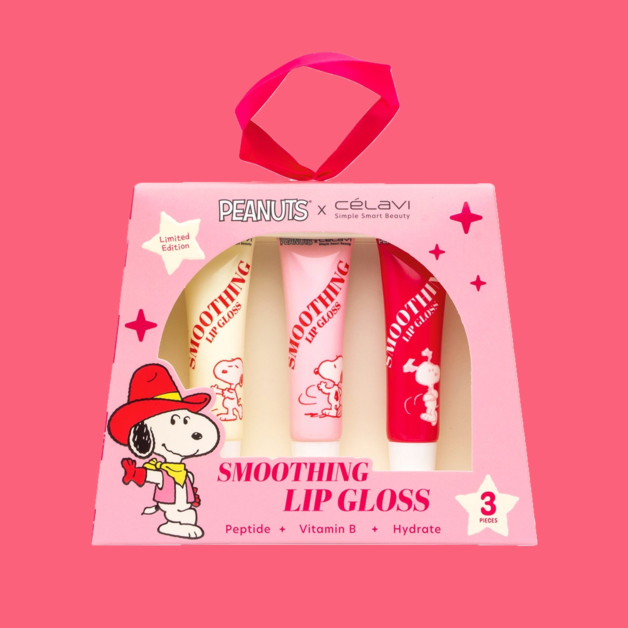 A set of three lip glosses with the iconic Snoopy character graphics. 