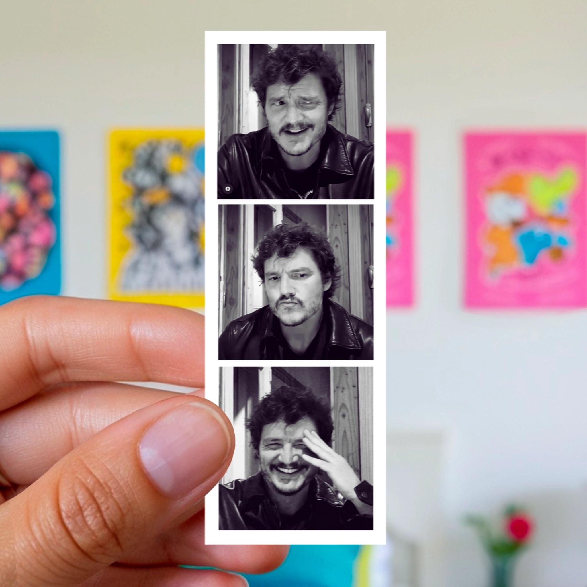 A photostrip style sticker of pedro pascal. 