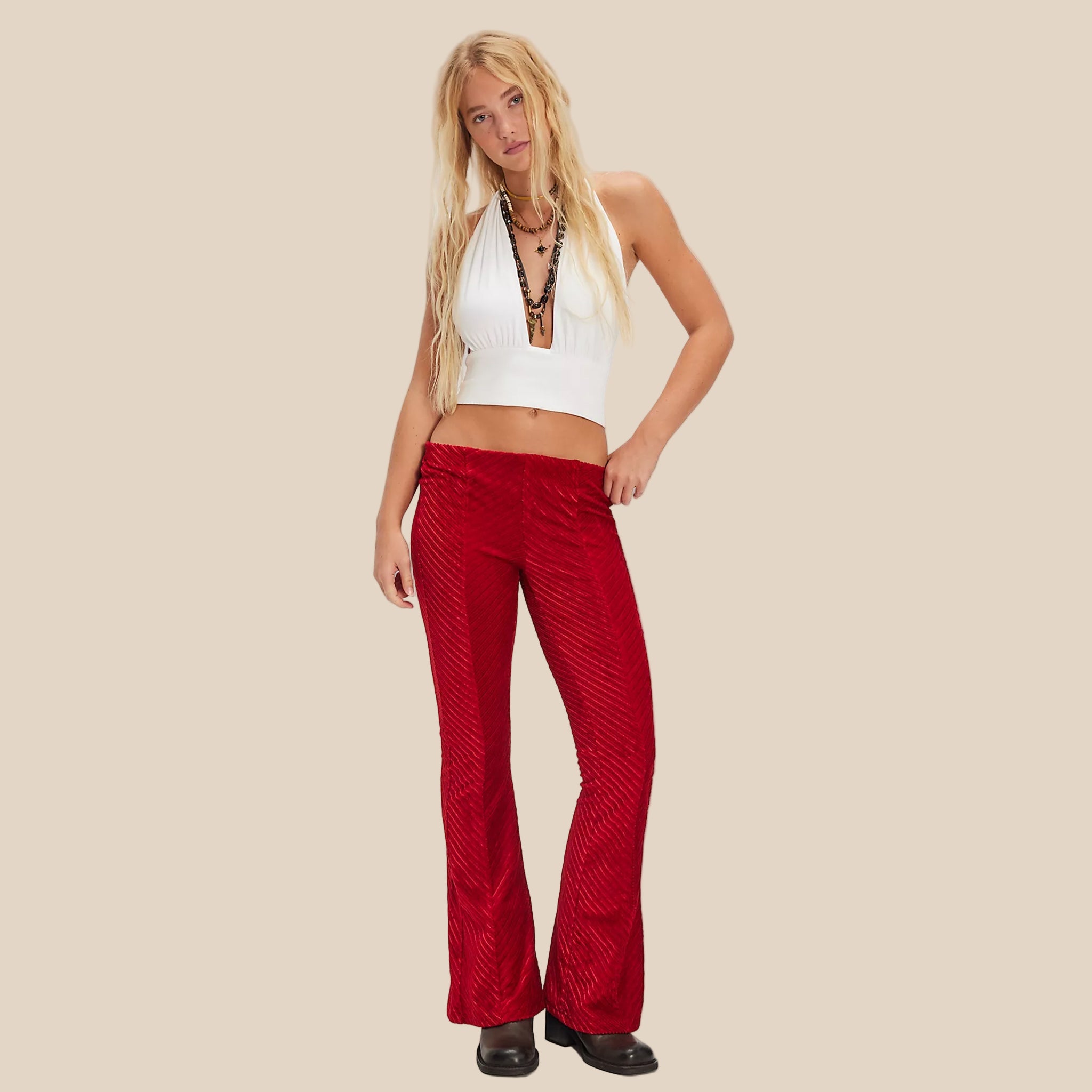 A red pair of velvet pull on pants. 