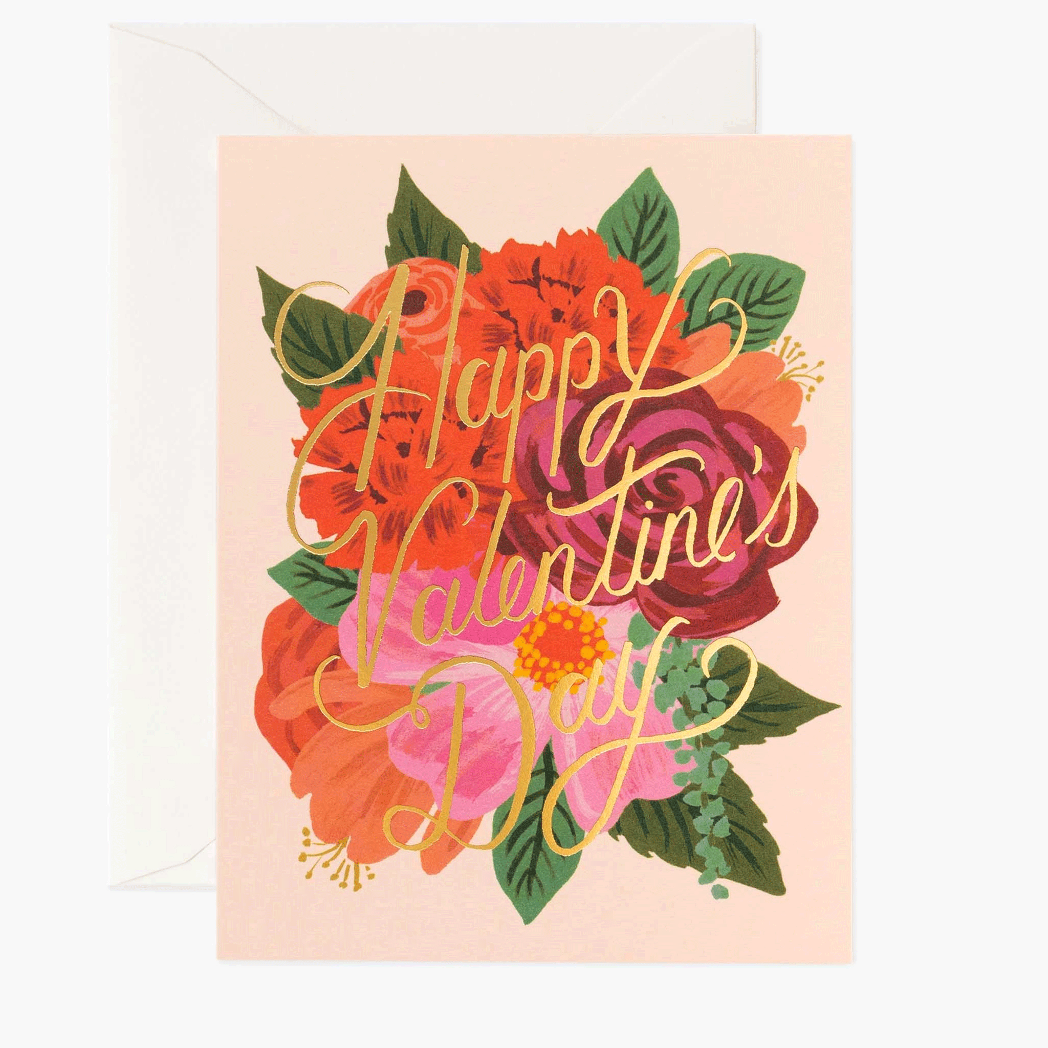 On a white background is a light pink card with a red and pink illustration of a flower bouquet and gold text that reads, "Happy Valentine's Day". 