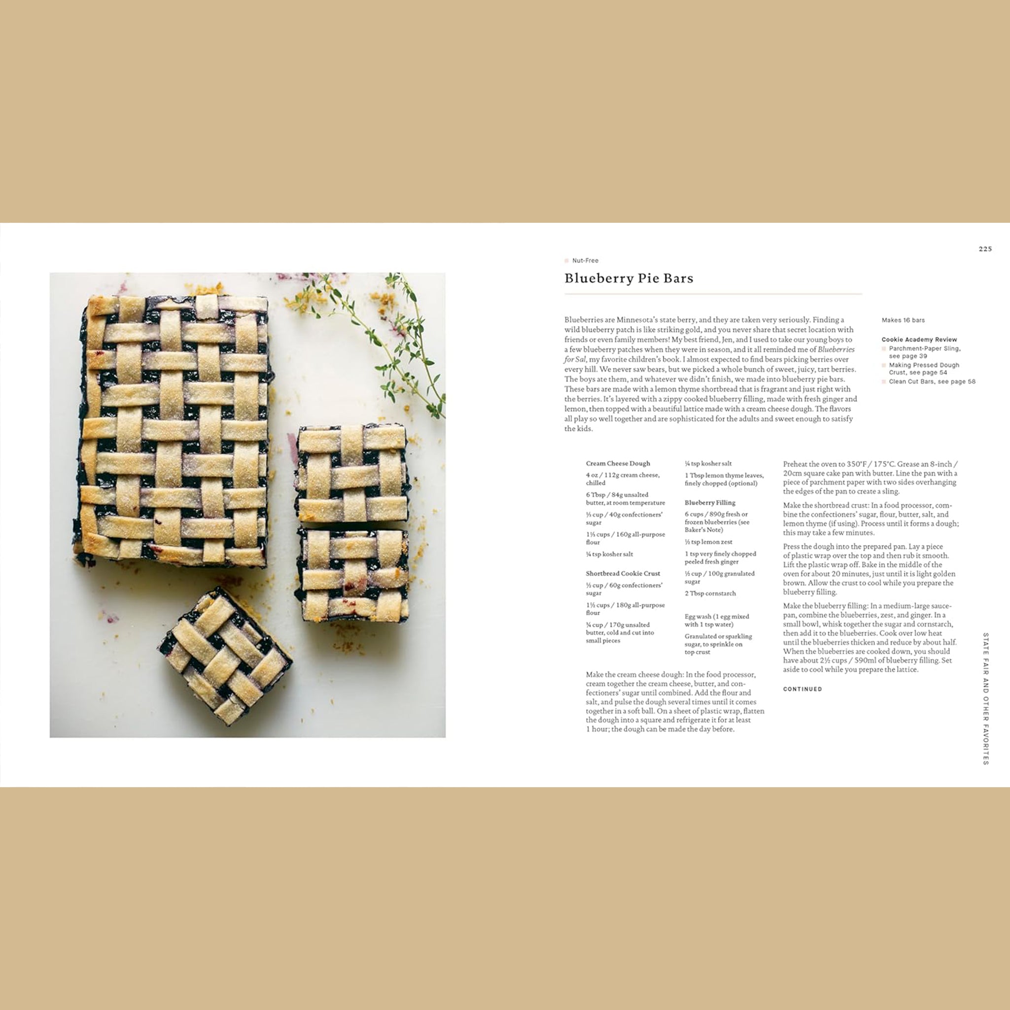 Open cookbook spread showing blueberry pie bars, with an overhead photo of golden lattice-topped bars filled with dark blueberry filling on the left, and detailed ingredients and instructions on the right.