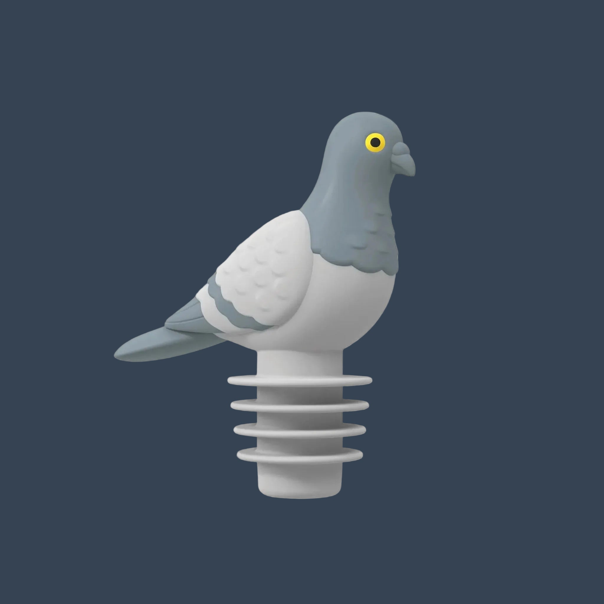 A grey pigeon shaped bottle stopper. 