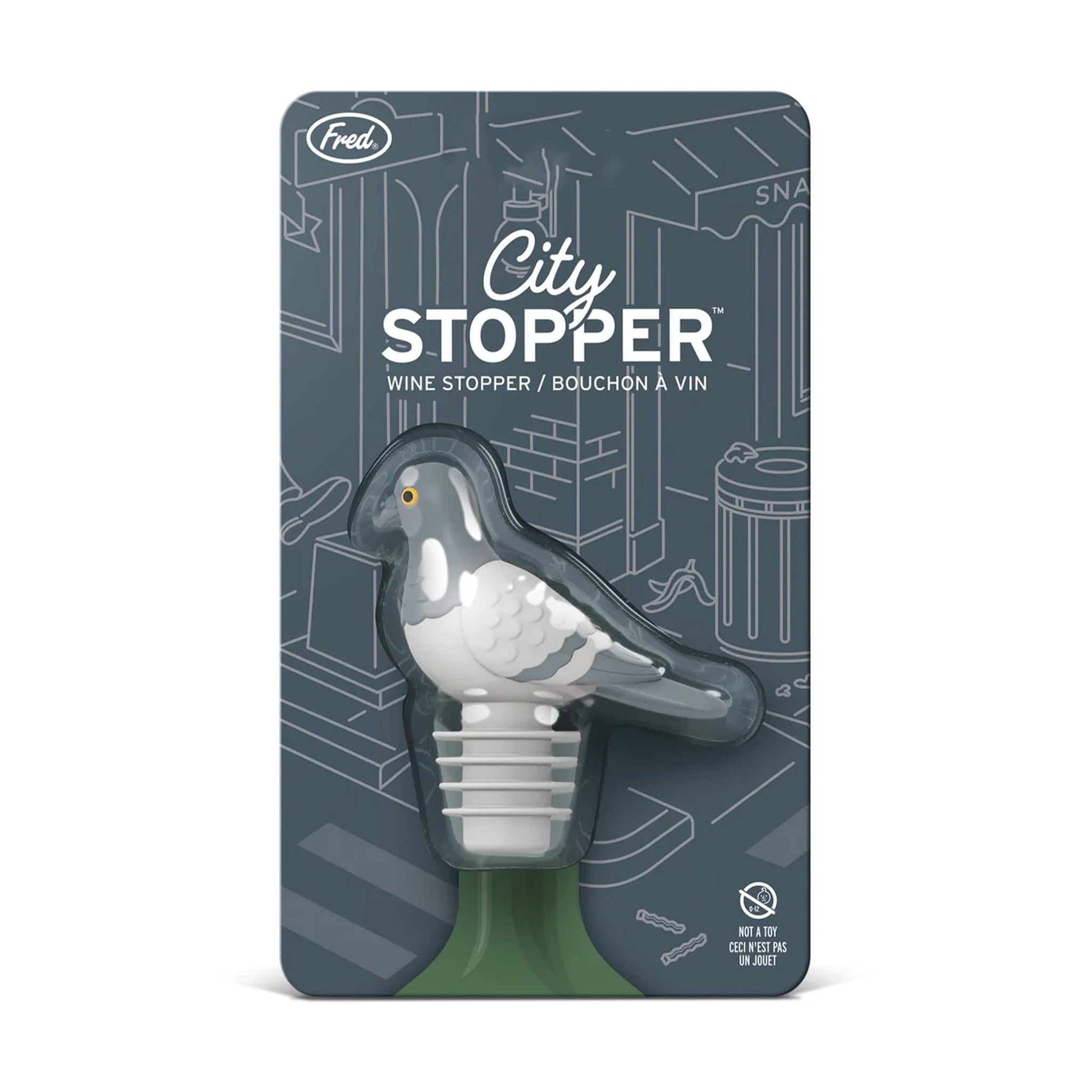 A grey pigeon shaped bottle stopper. 