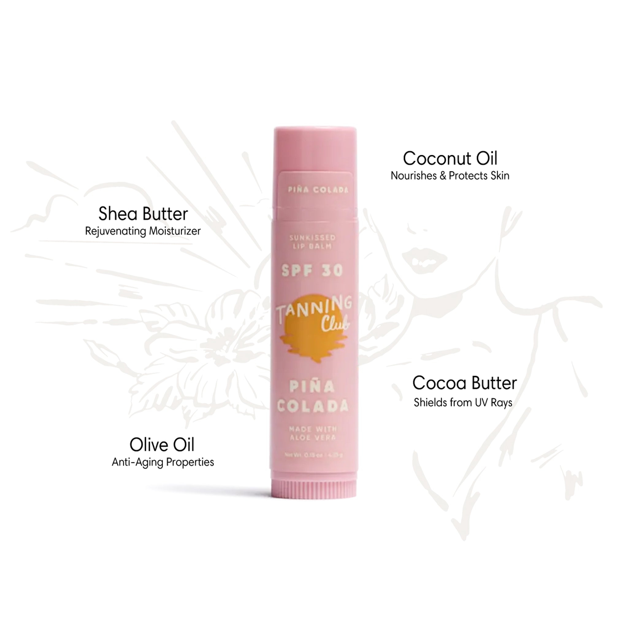 Pink lip balm with text about ingredients and benefits on a white background