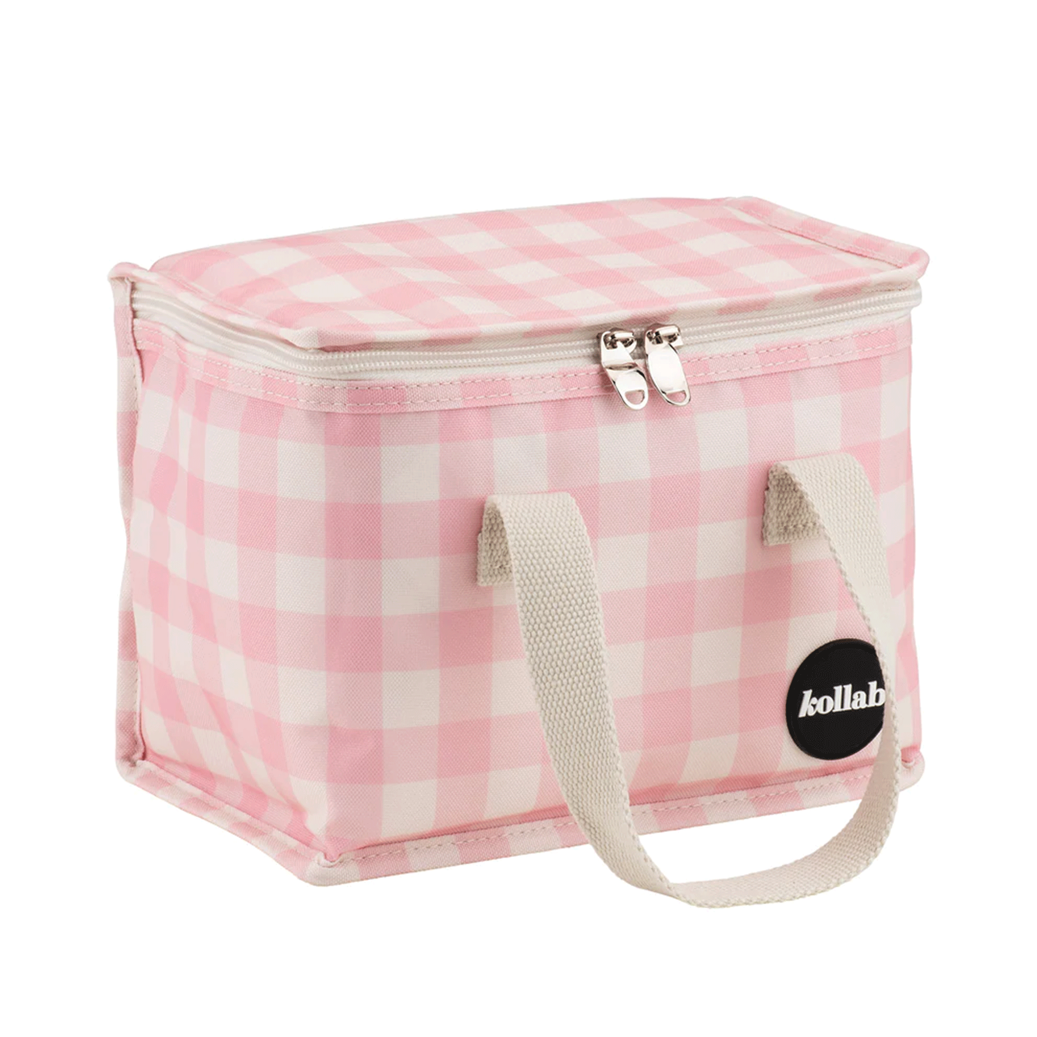 On a white background is a pink and white checkered lunch box. 
