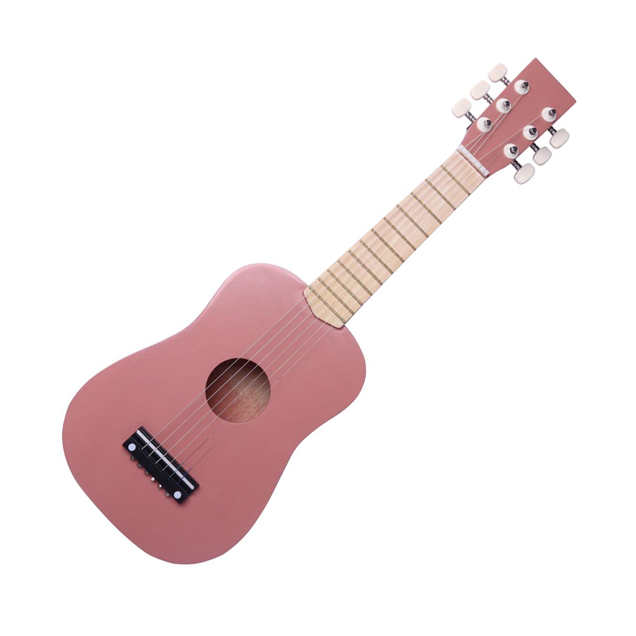 On a white background is a pink toy guitar. 