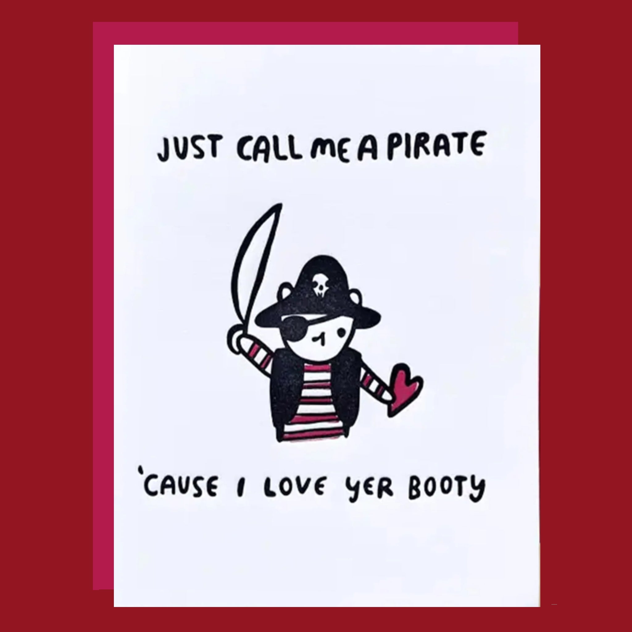 Card with a pirate-themed illustration and humorous text on a red background