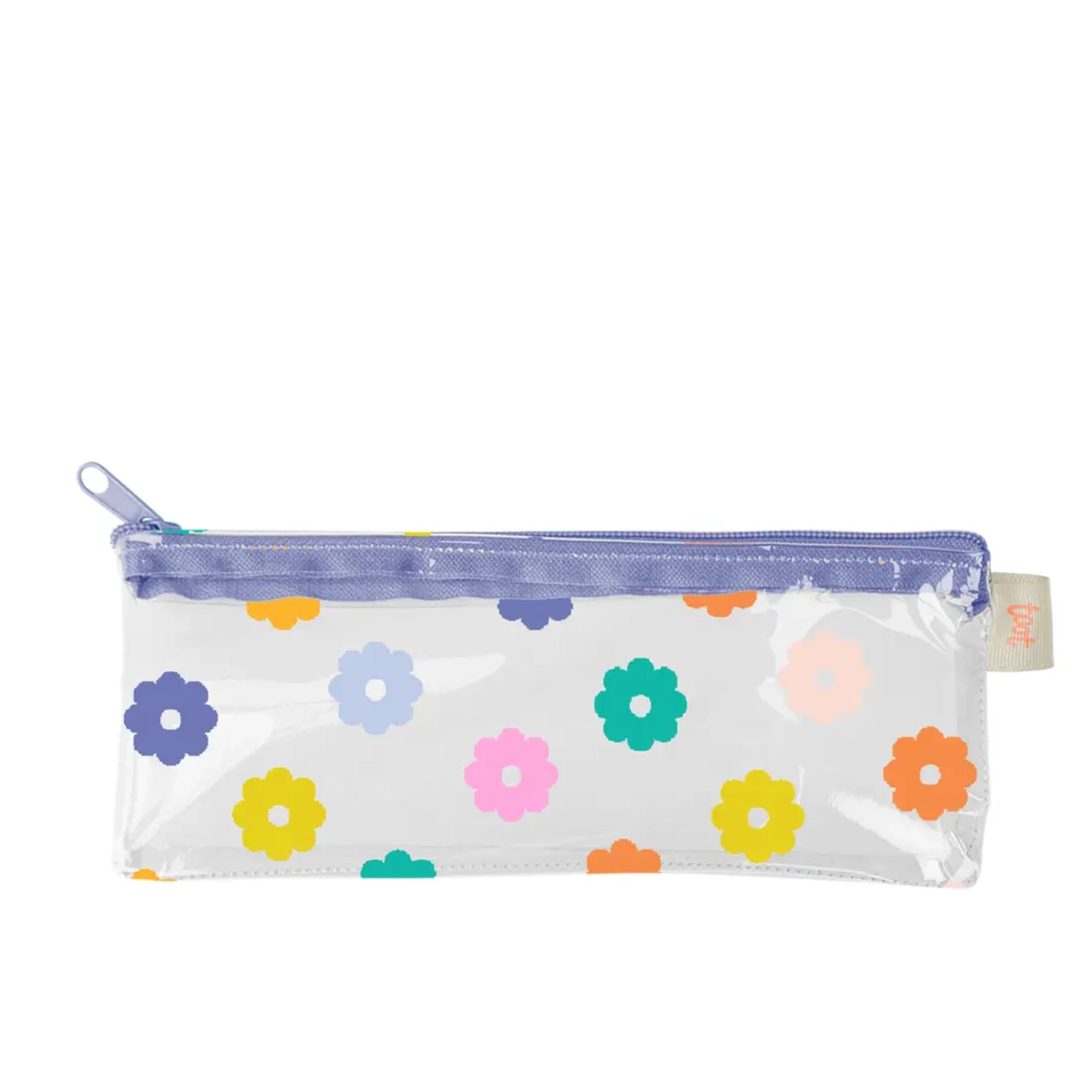 A clear plastic pencil pouch with a zipper closure and a multi-colored daisy print. 