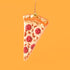 A slice of pepperoni pizza ornament with glittery cheese and golden crust. Metallic thread 3.5" loop for hanging.