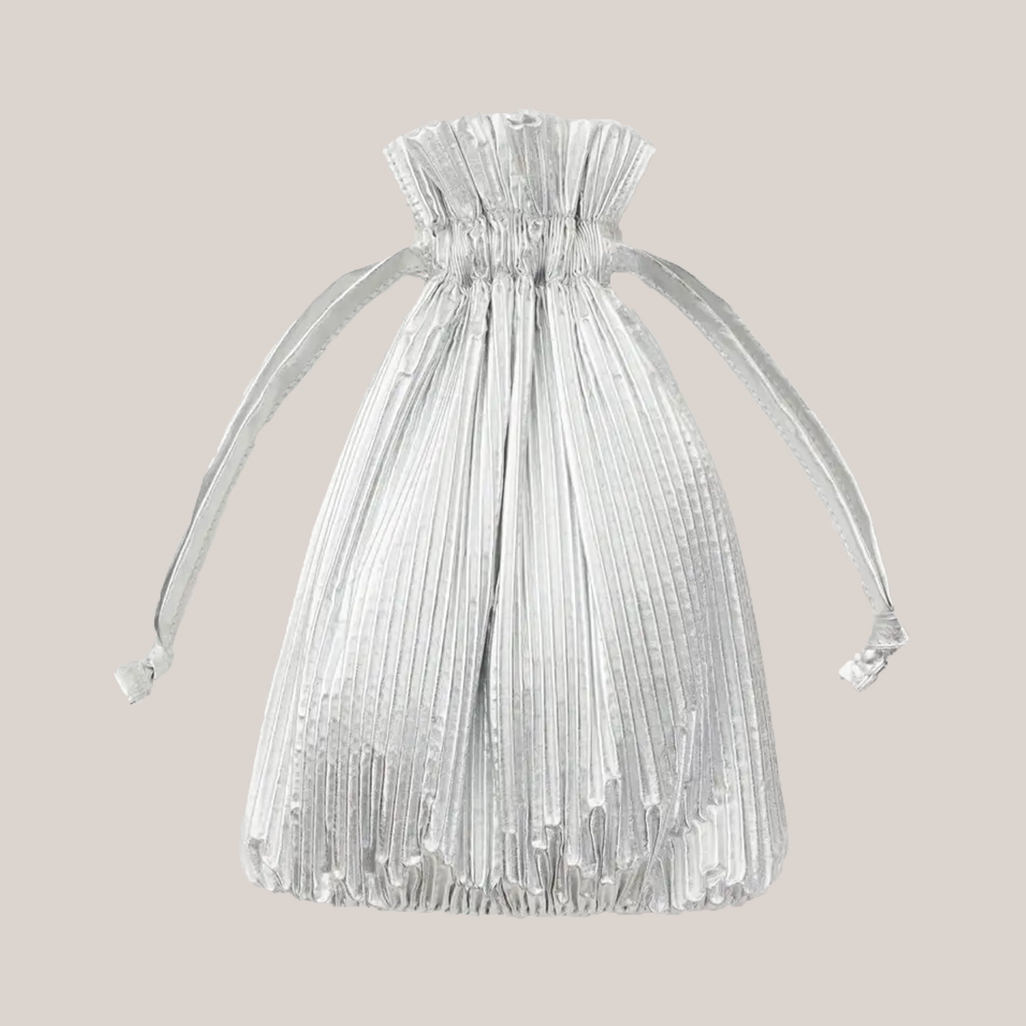 A silver chrome cinched drawstring pleated bag. 