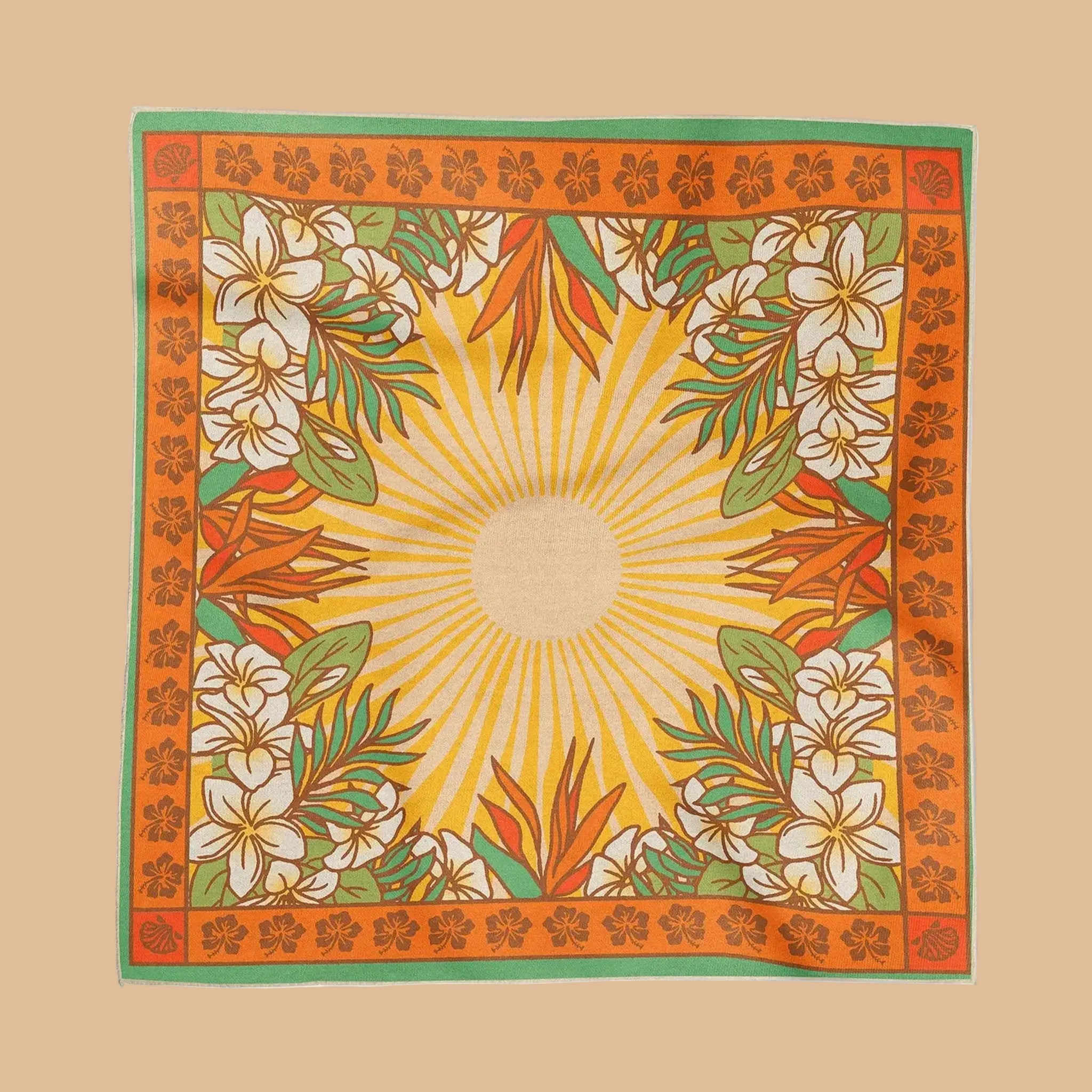 A tropical orange and teal bandana. 
