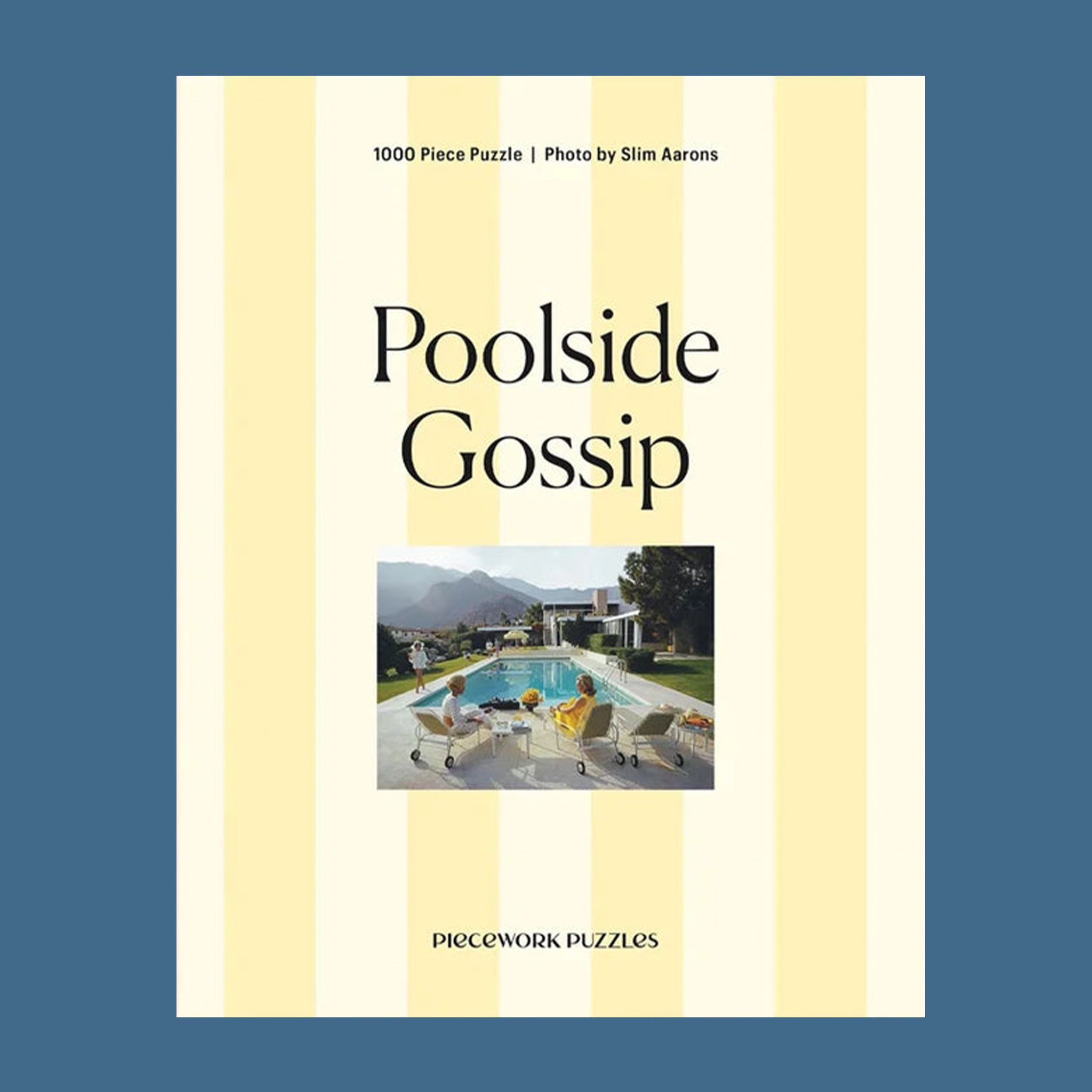 A puzzle with yellow stripes on the box and text that reads, 'Poolside Gossip' and a Gray Malin photo. 