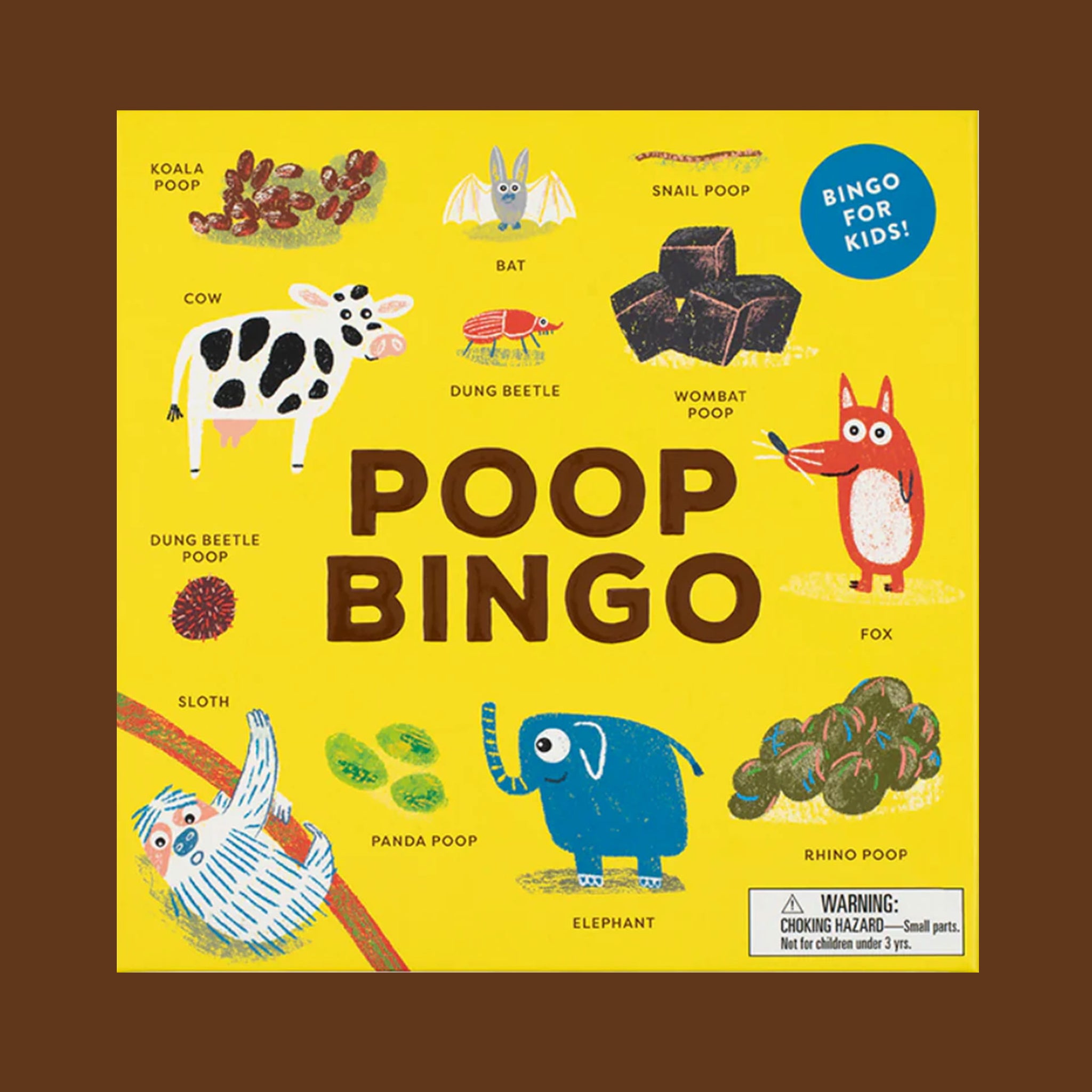 A yellow square box. In the middle is brown text that reads ‘poop bingo.’ Around the text is drawings of different animals and piles of poop. 
