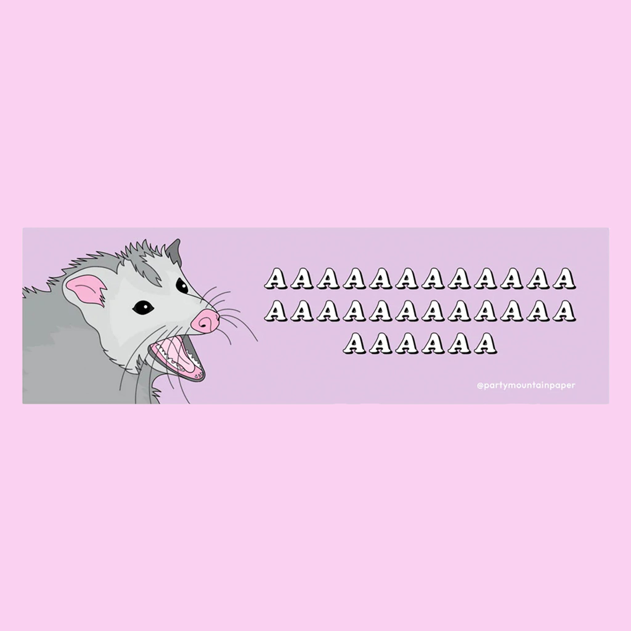 On a lilac background is a purple bumper sticker with an illustration of a possum and text on the right side that reads, "AAAAAAA". 