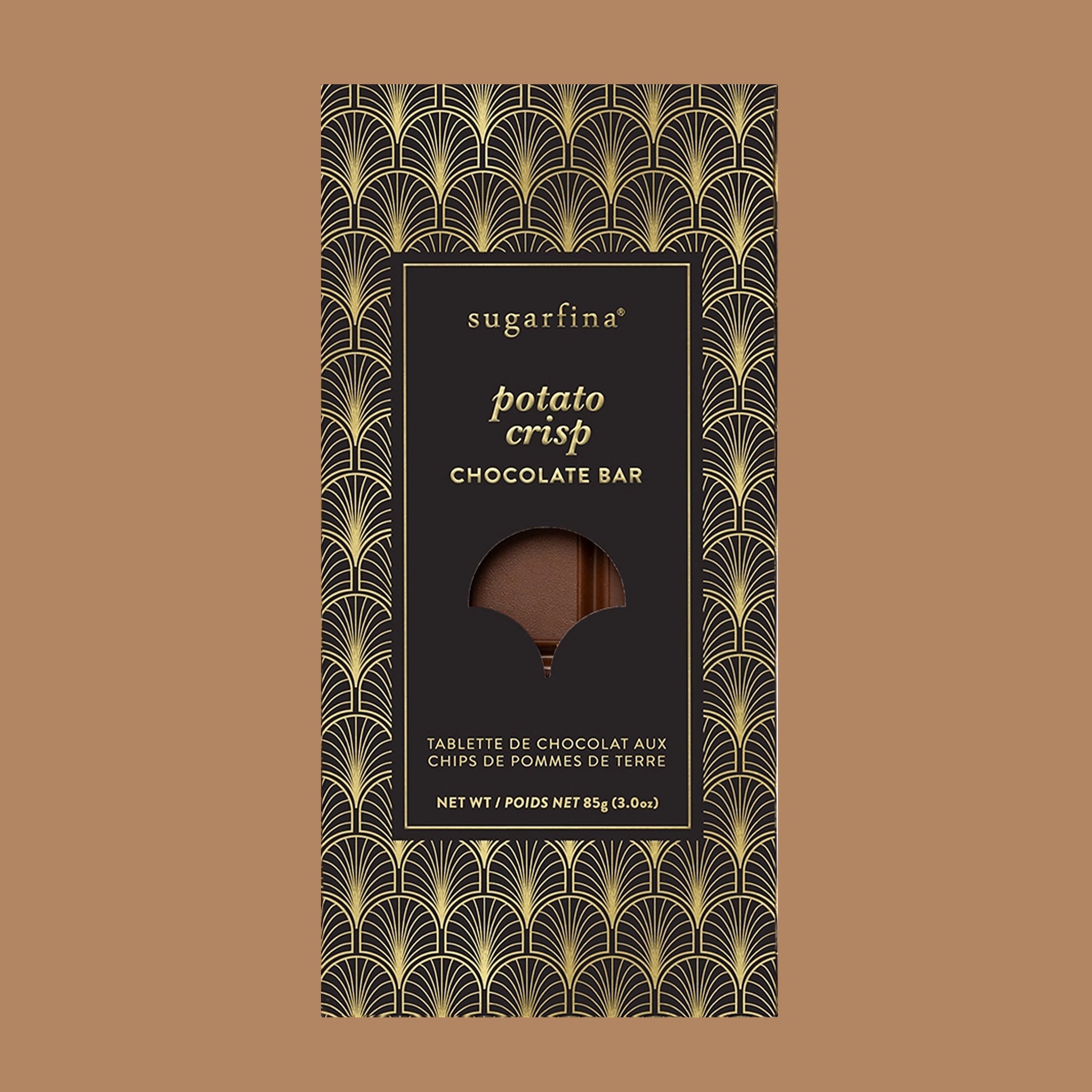 A bar of chocolate with gold text that reads, "sugarfina potato crisp chocolate". 