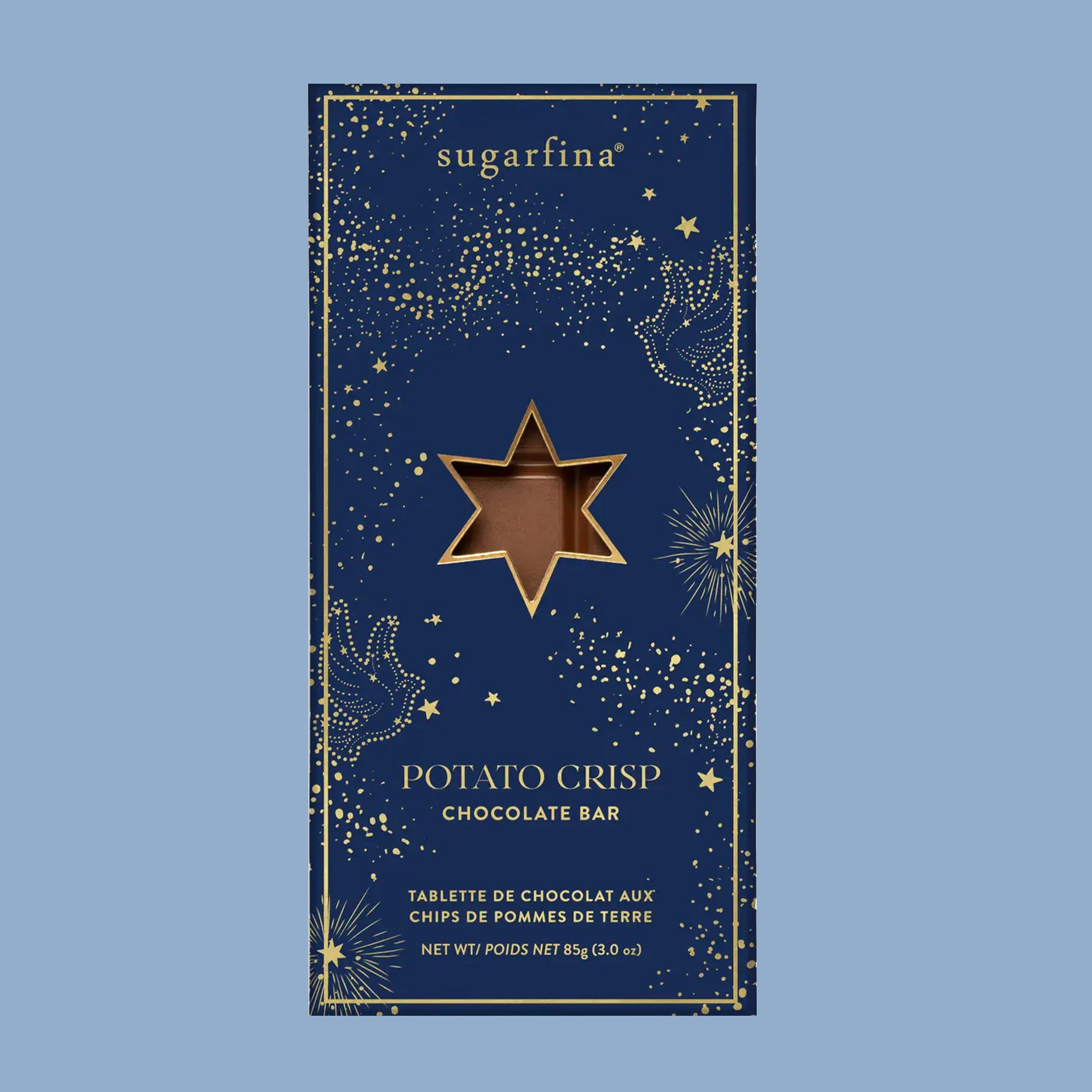 A dark blue packaging with chocolate inside. The packaging is "sugarfina Potato Crisp Chocolate Bar".
