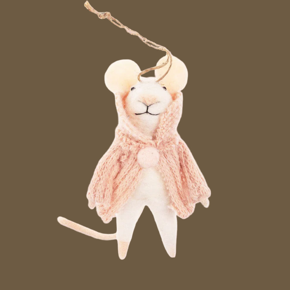 A mouse ornament with pink sweater. 