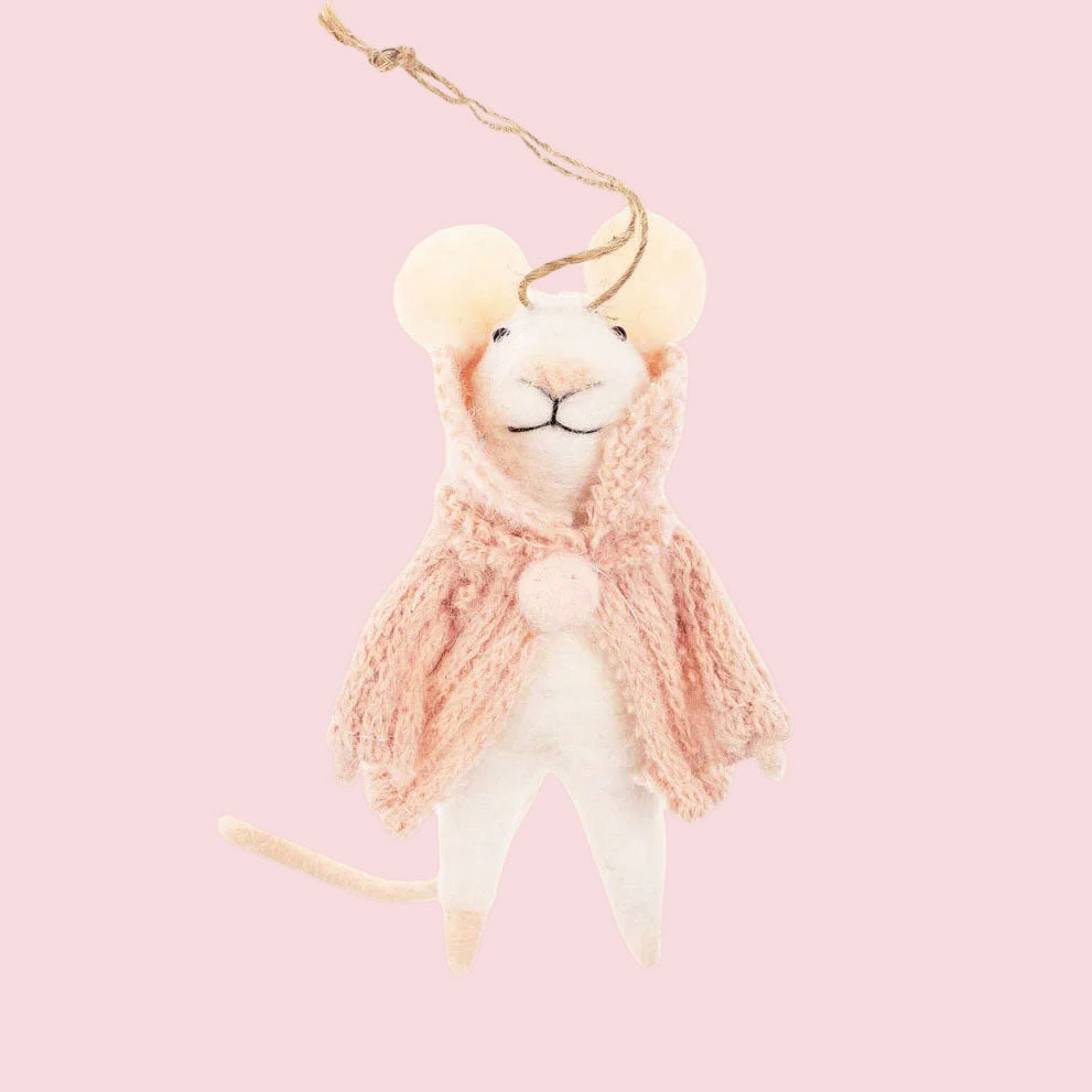 A mouse ornament with pink sweater. 
