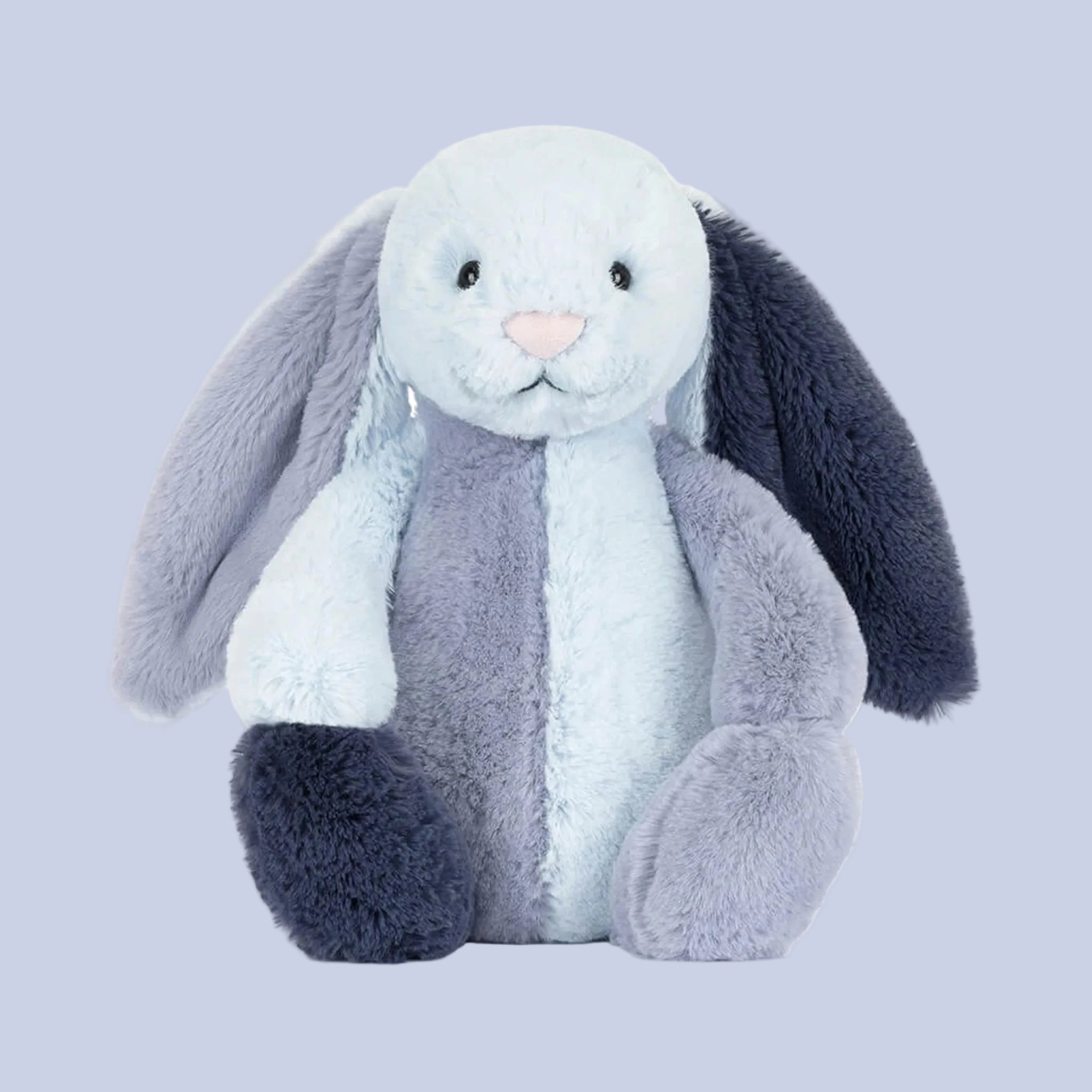 Plush toy rabbit with gray and blue gradient on a white background