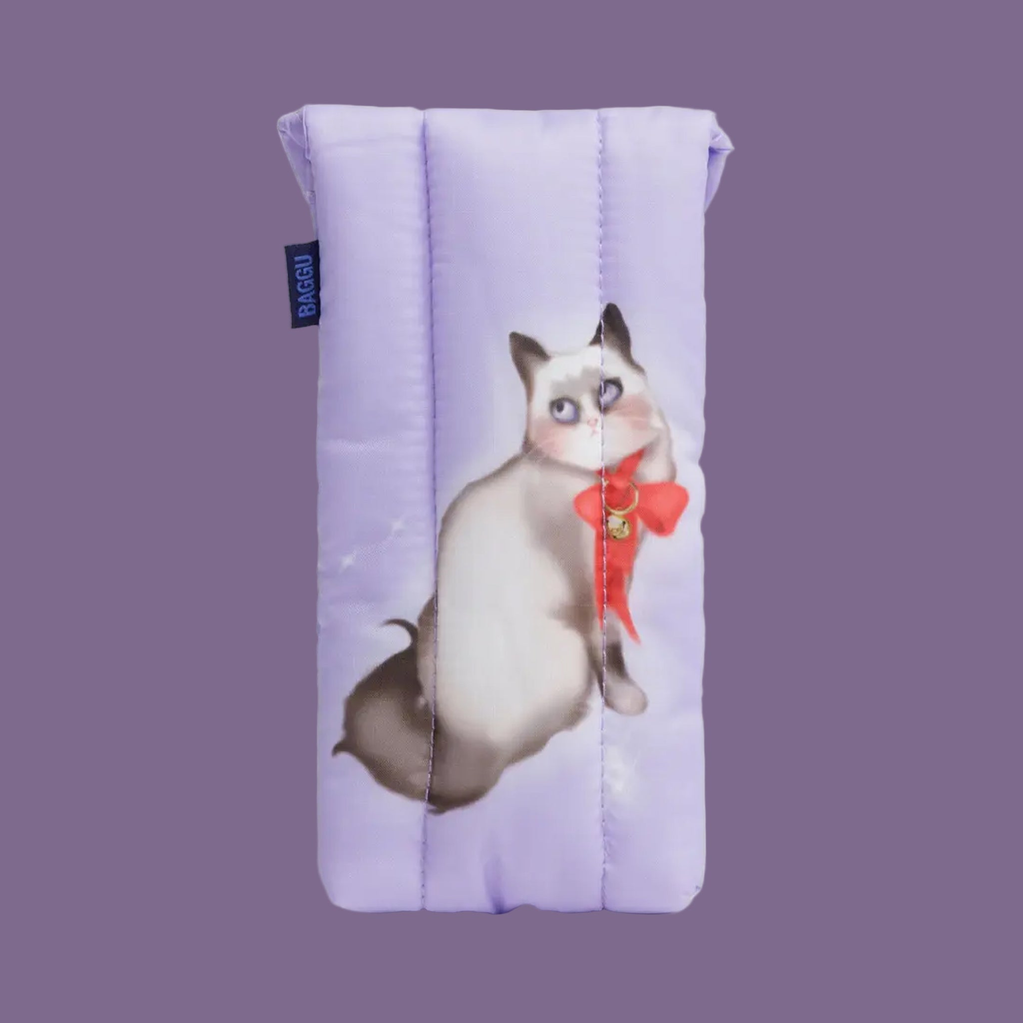 A lilac purple puffy sleeve case with a cat graphic on the front and back. 