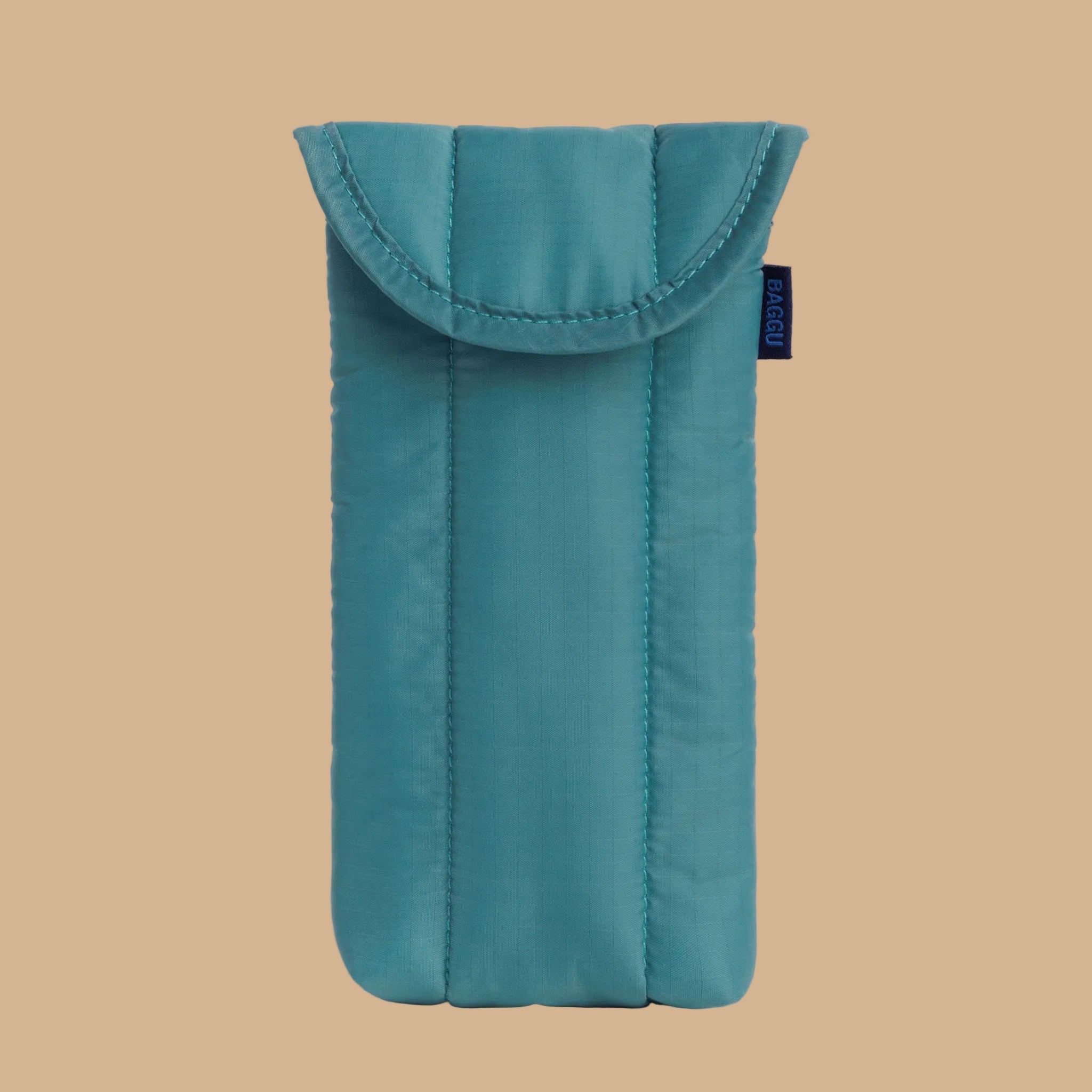 A teal puffy glasses sleeve.