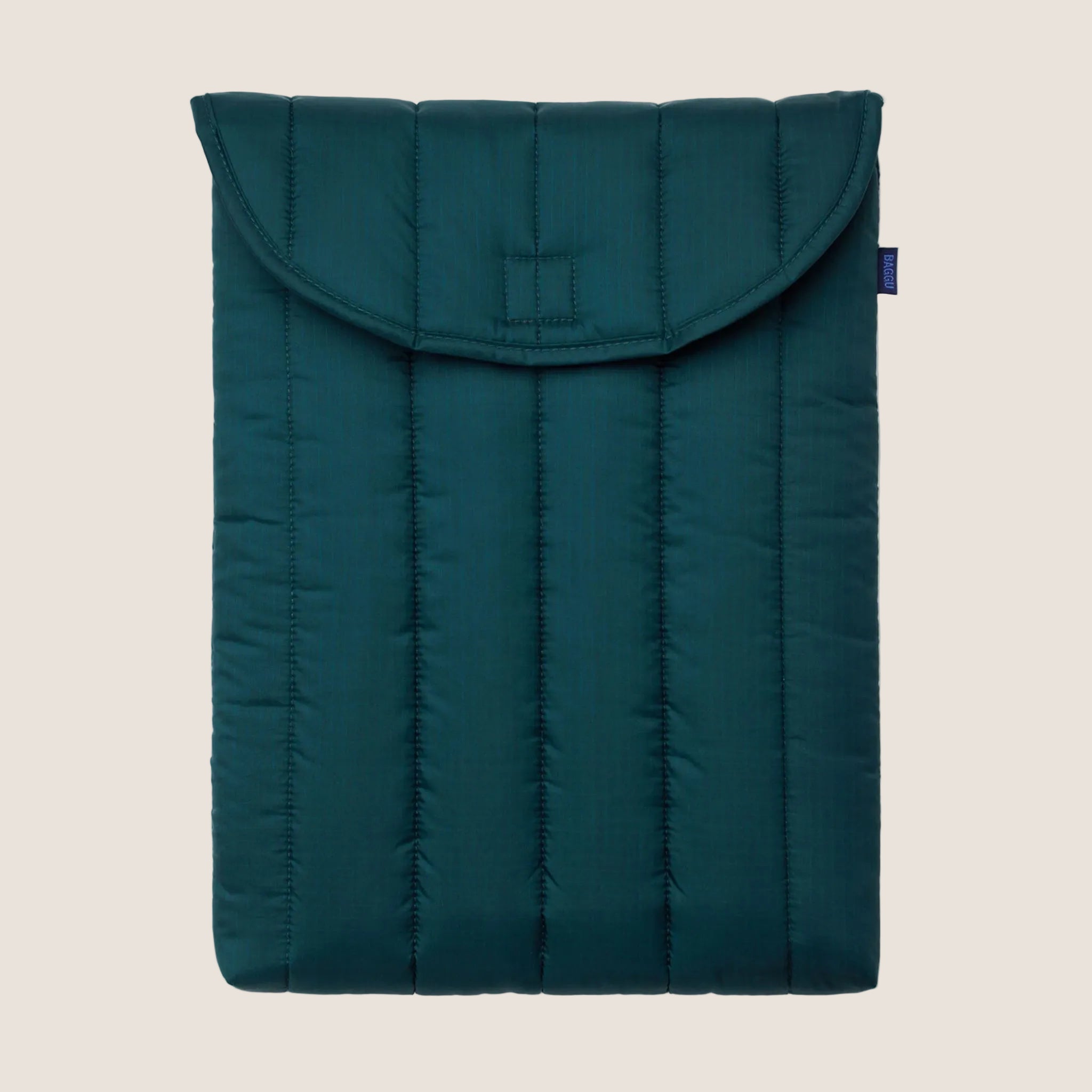 A dark teal puffy laptop sleeve.