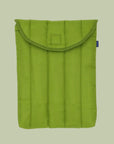 A puffy green laptop sleeve. 