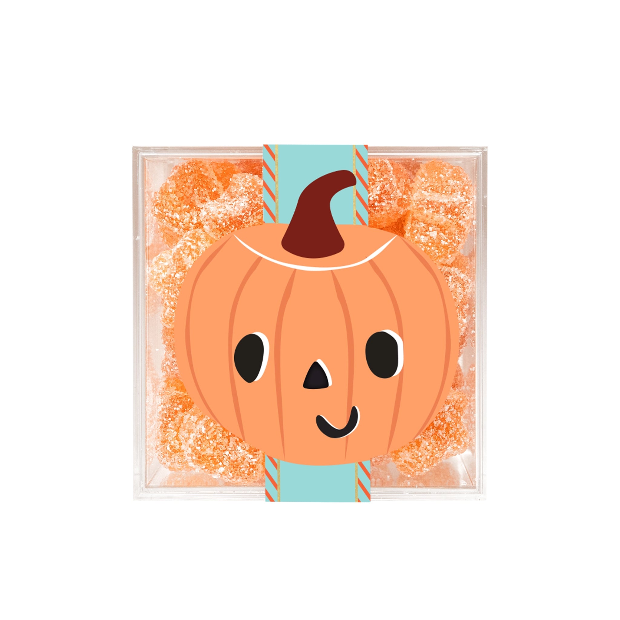 A clear acrylic colored box of orange sour star candies with a pumpkin graphic on the front. 