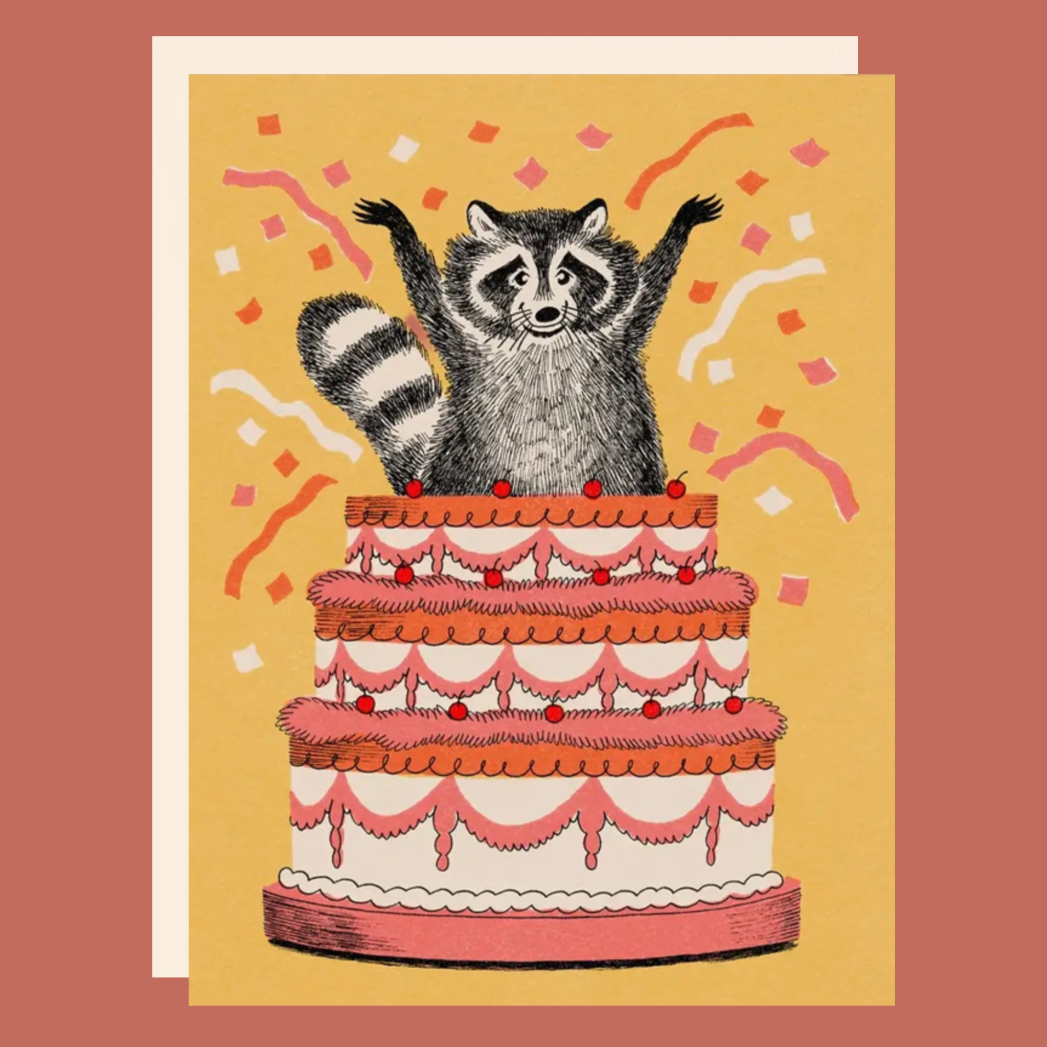 Illustration of a raccoon on a cake with confetti on a yellow background