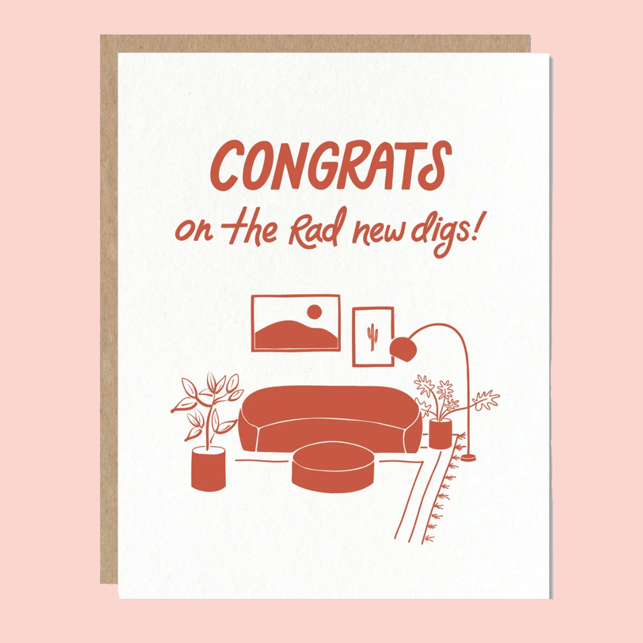 On a pink background is a white card with a graphic of a living room and text above that reads, &quot;Congrats on the rad new digs!&quot;. 