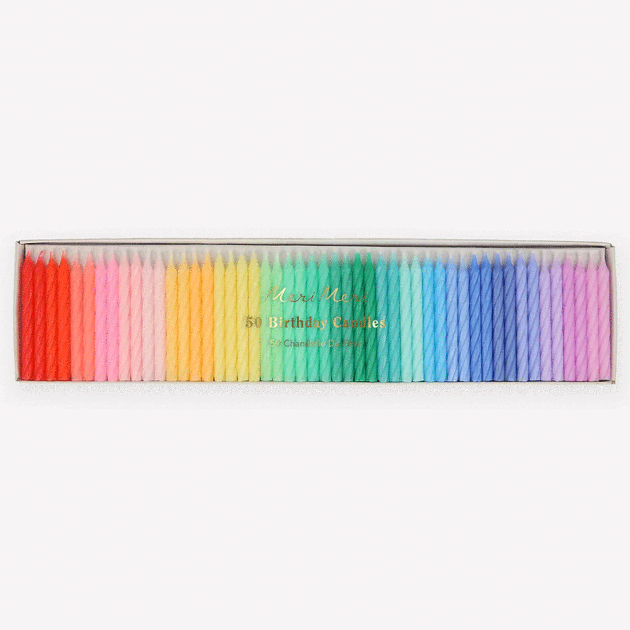 On a white background is a pack of 50 twisted candles in all the colors of the rainbow. 