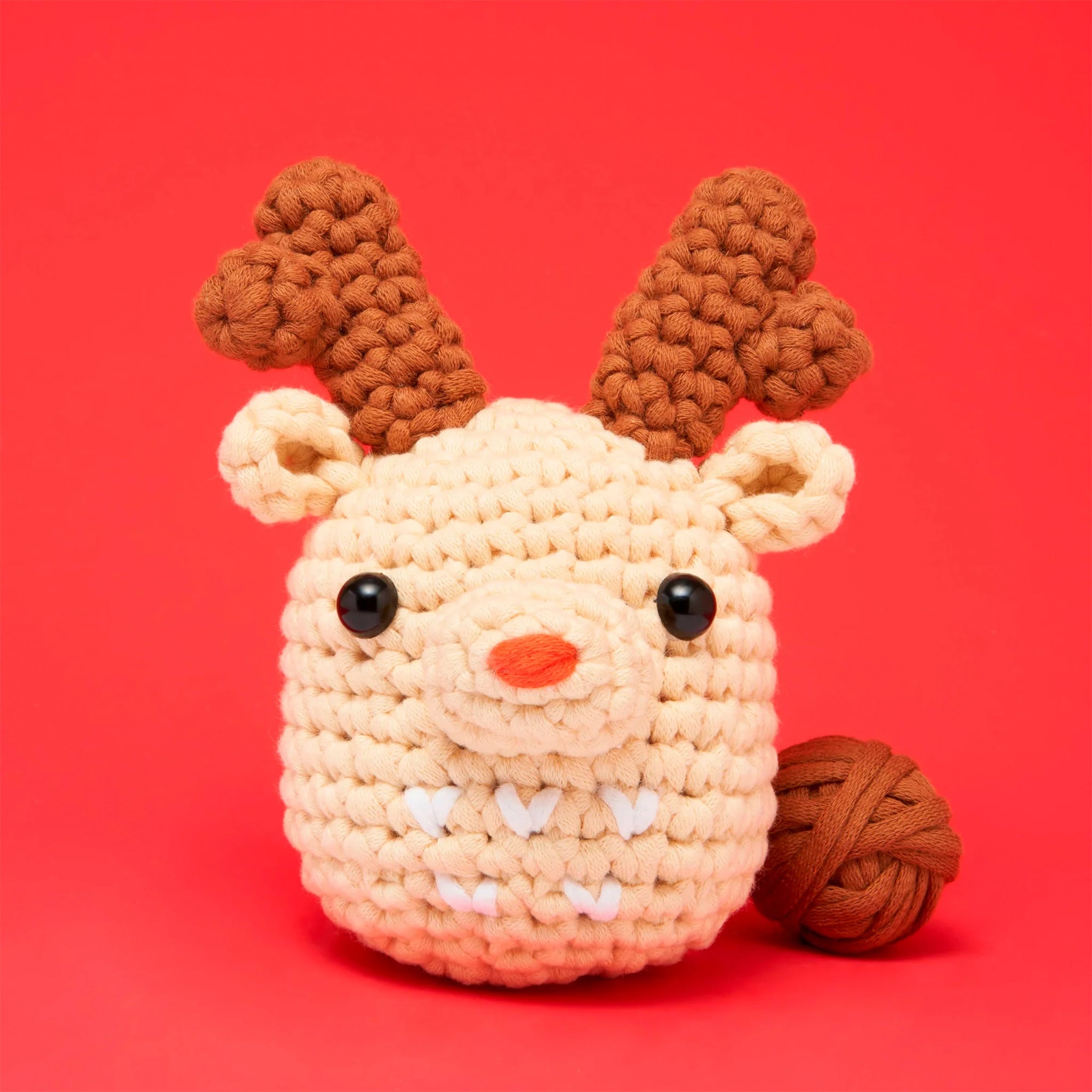 A crochet kit that makes a reindeer.