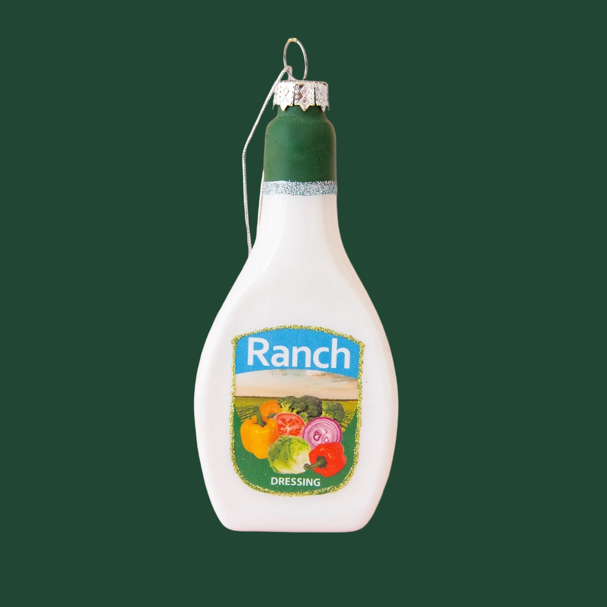 A glass bottle or ranch ornament with a 3.5&quot; loop for hanging and glitter detailing.