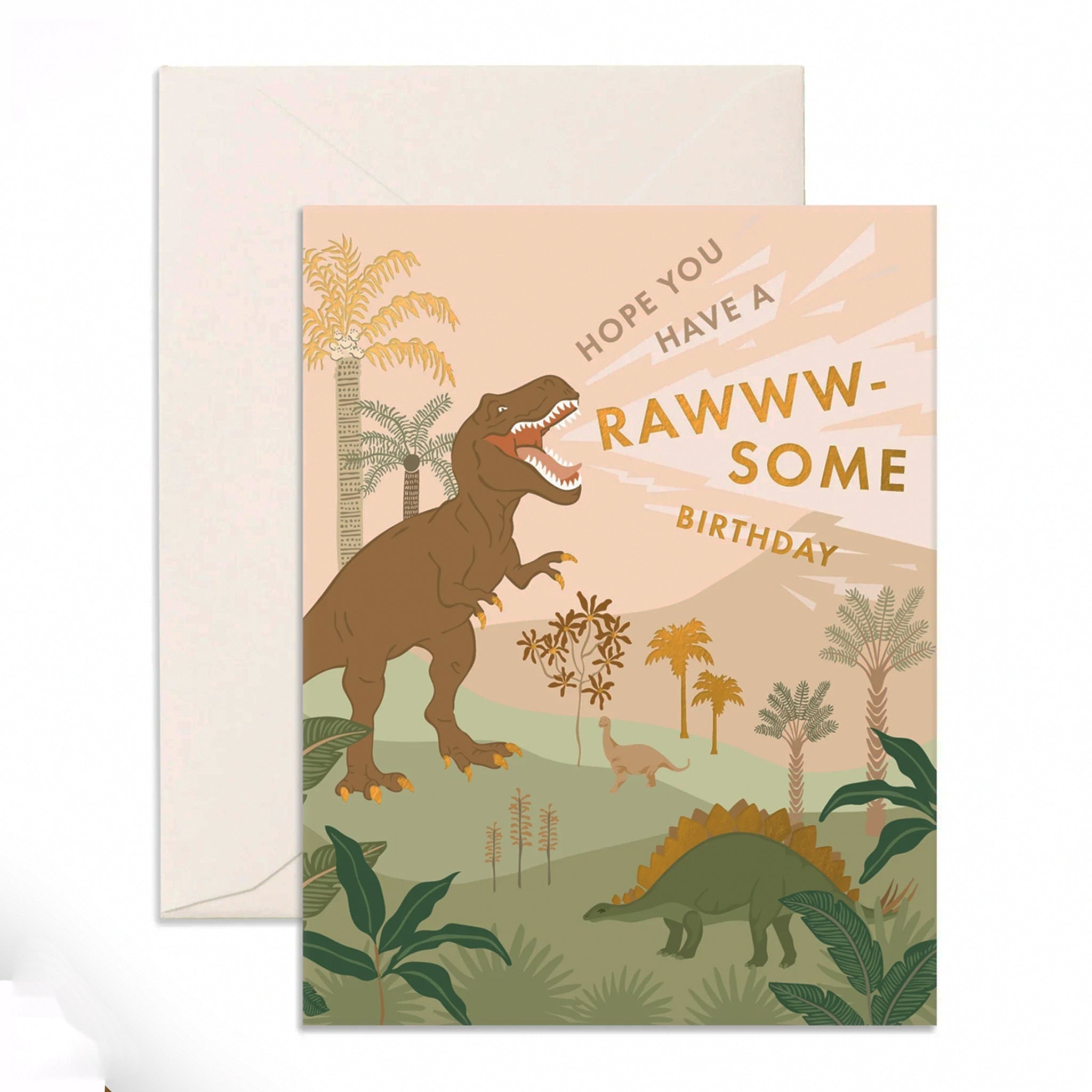On a white background is a birthday card with a graphic of dinosaurs in a tropical landscape with gold foiled text that reads, "Hope You Have A Rawww-Some Birthday".