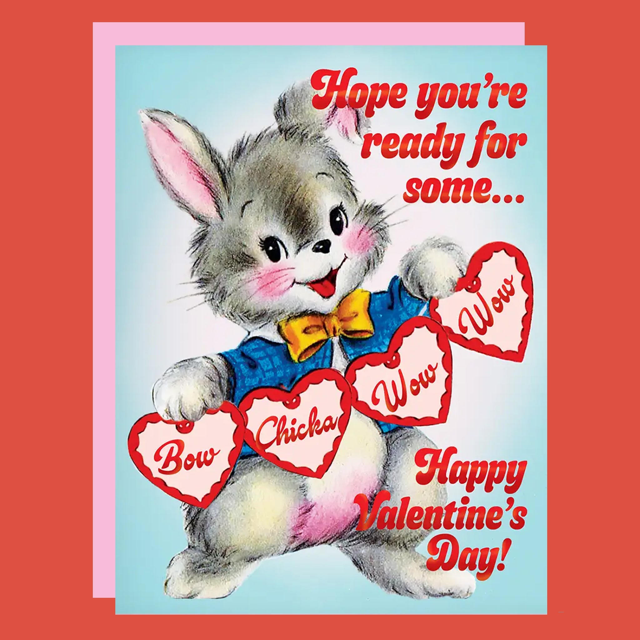 Vintage-style Valentine's Day card with a cartoon bunny holding heart-shaped signs.
